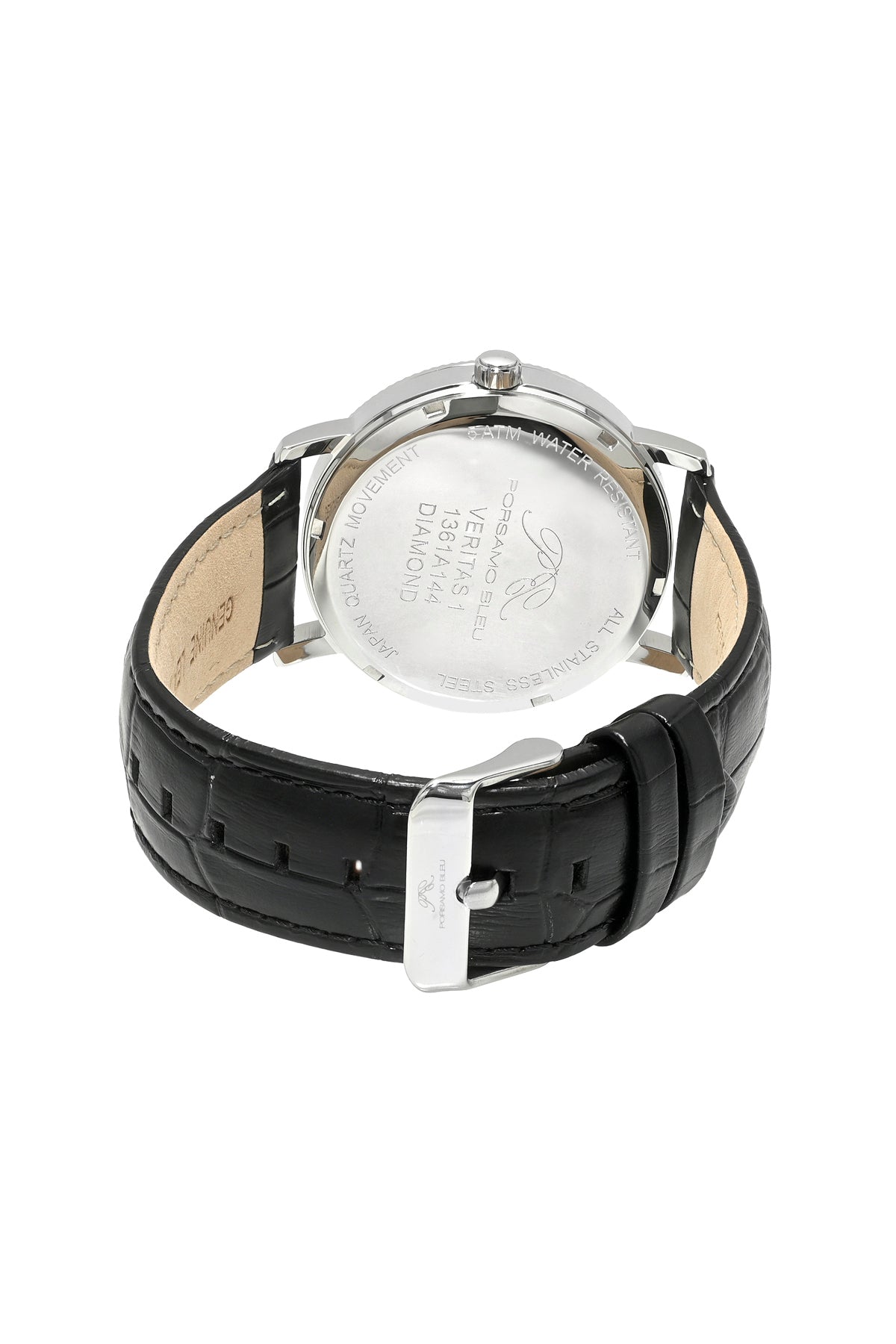 Veritas 1 Genuine Leather Diamond Silver Tone and Black Men's Watch 1361AVEL