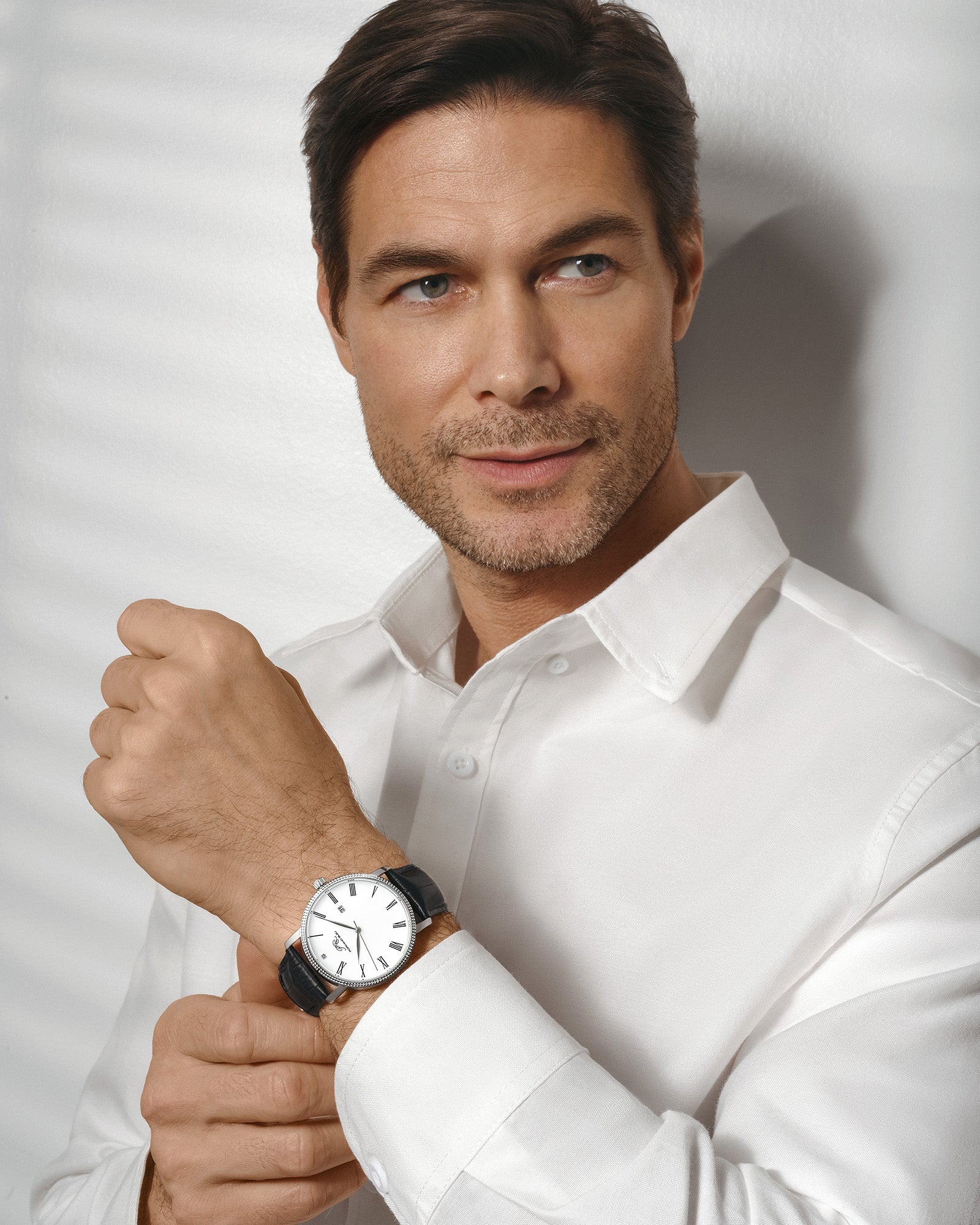 Veritas 1 Genuine Leather Diamond Silver Tone and Black Men's Watch 1361AVEL