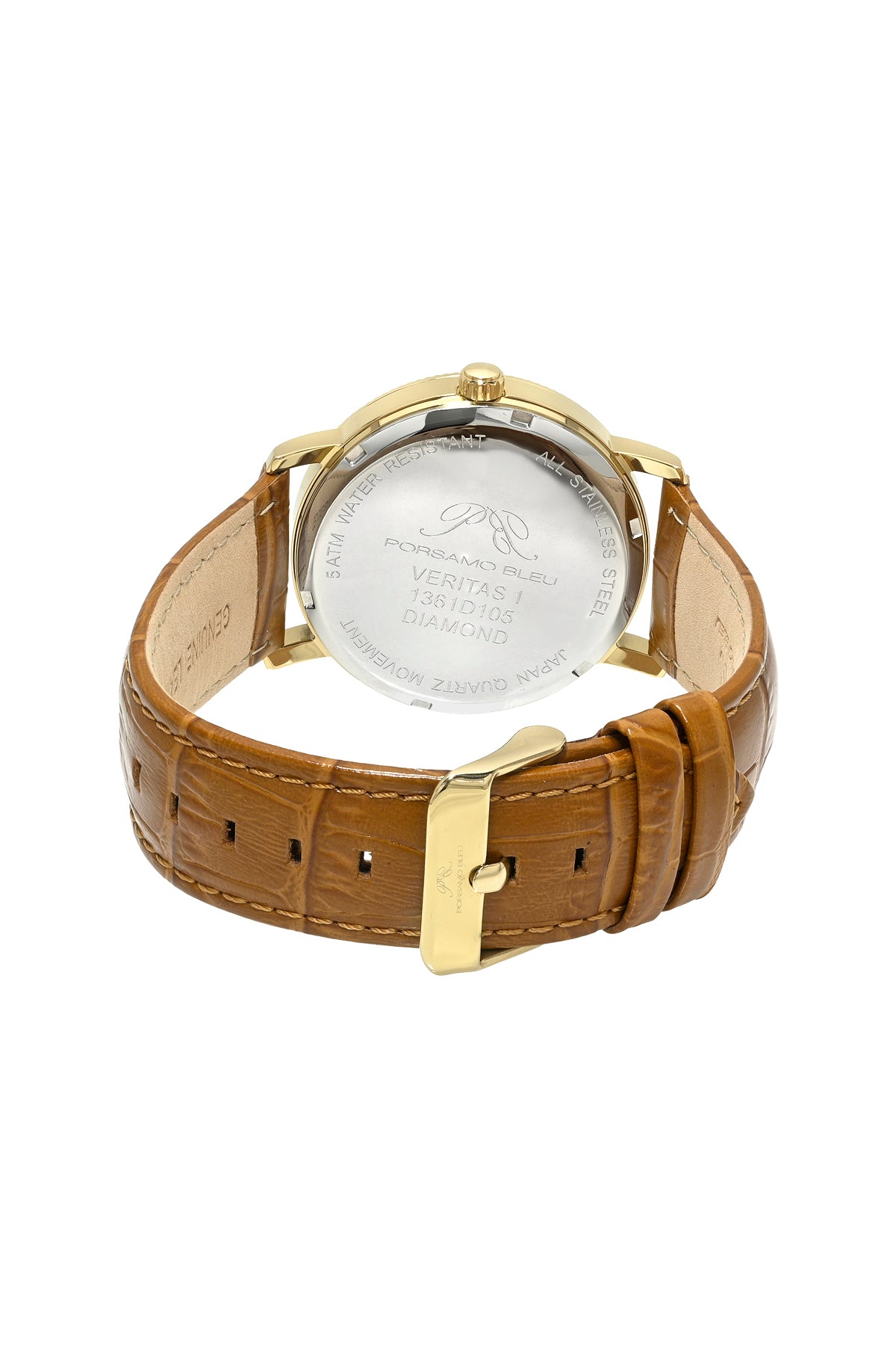 Veritas 1 Genuine Leather Diamond Gold Tone and Brown Men's Watch 1361DVEL