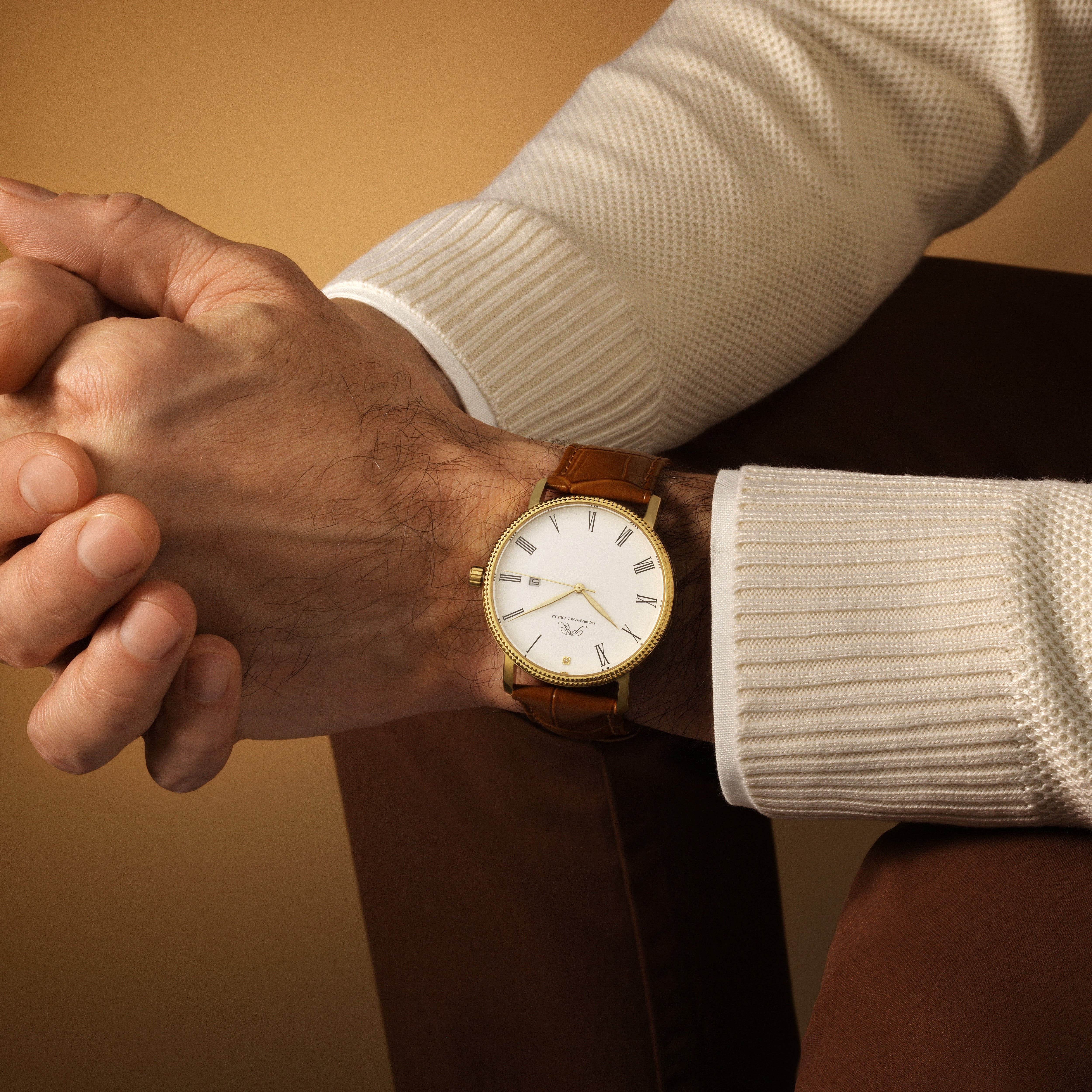 Veritas 1 Genuine Leather Diamond Gold Tone and Brown Men's Watch 1361DVEL