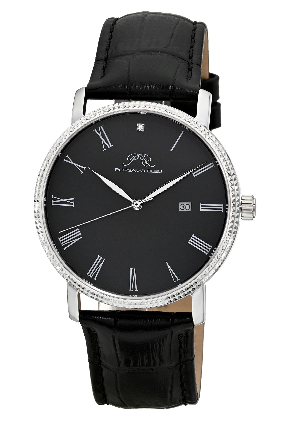 Veritas 1 Genuine Leather Diamond Silver Tone and Black Men's Watch 1361FVEL