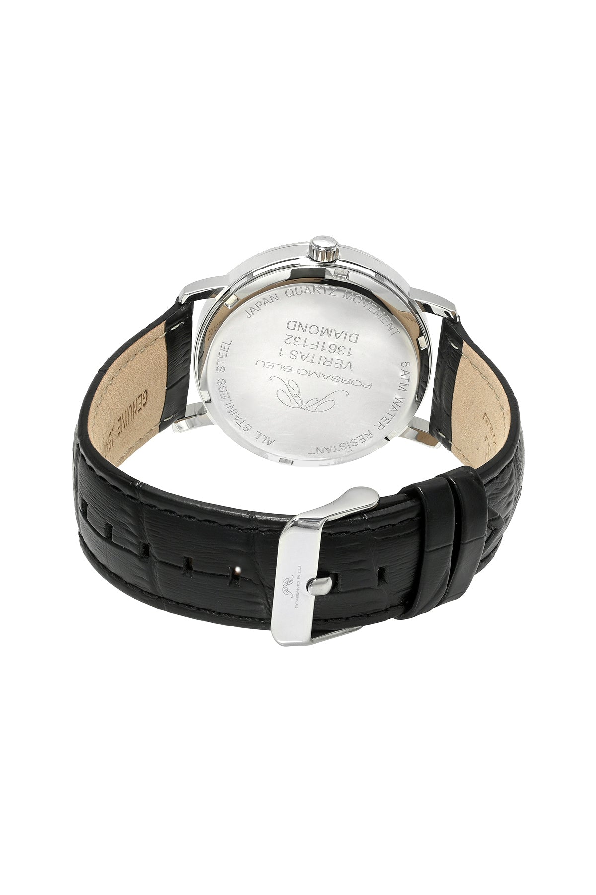 Veritas 1 Genuine Leather Diamond Silver Tone and Black Men's Watch 1361FVEL