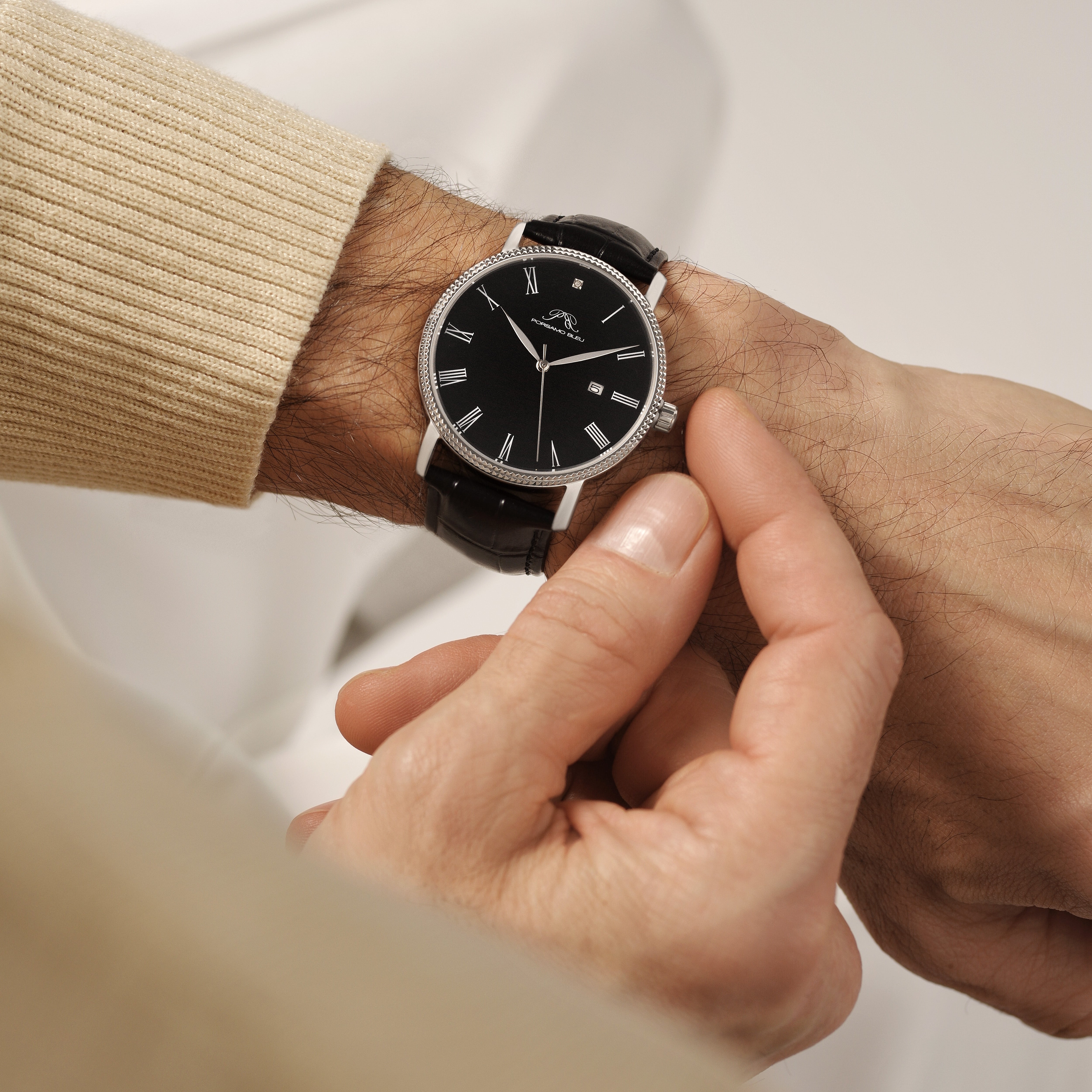 Veritas 1 Genuine Leather Diamond Silver Tone and Black Men's Watch 1361FVEL