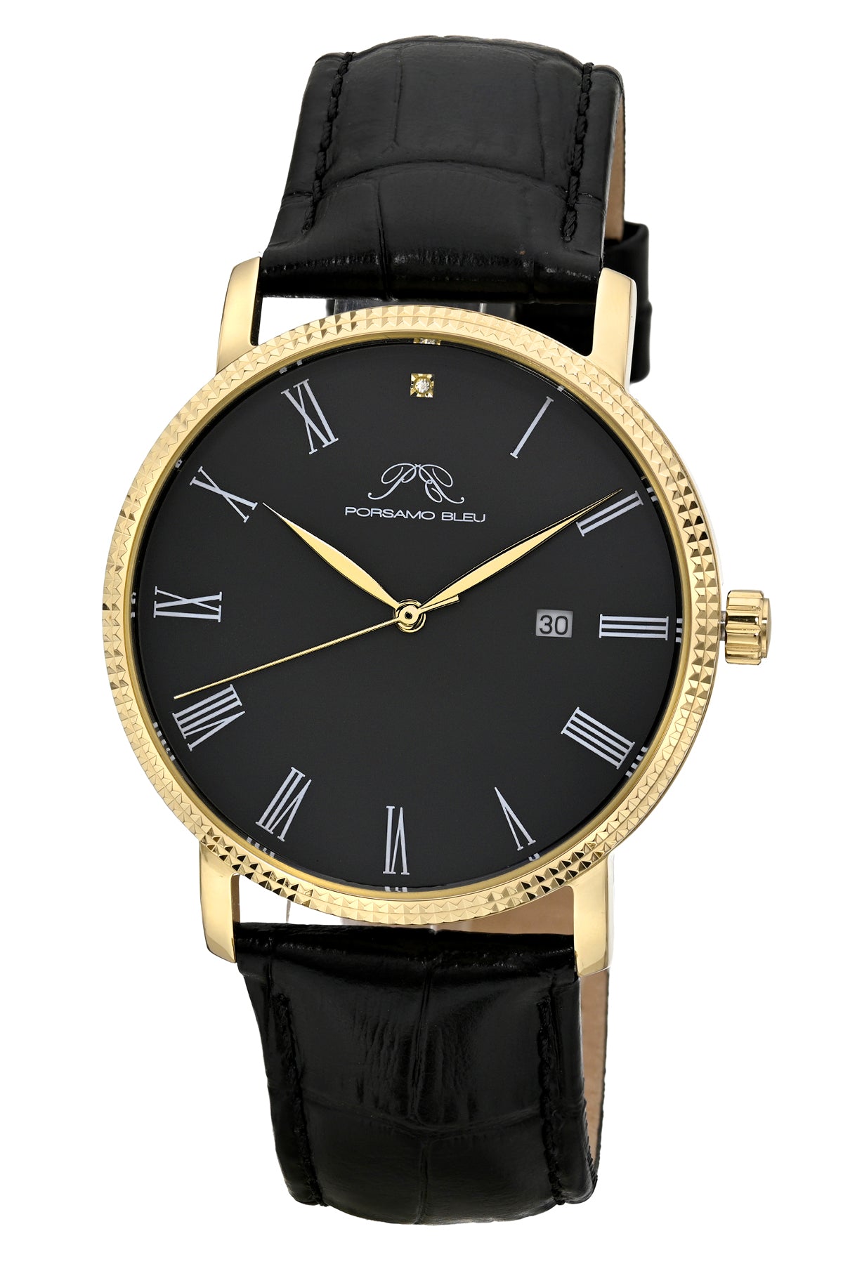 Veritas 1 Genuine Leather Diamond Gold Tone and Black Men's Watch 1361GVEL