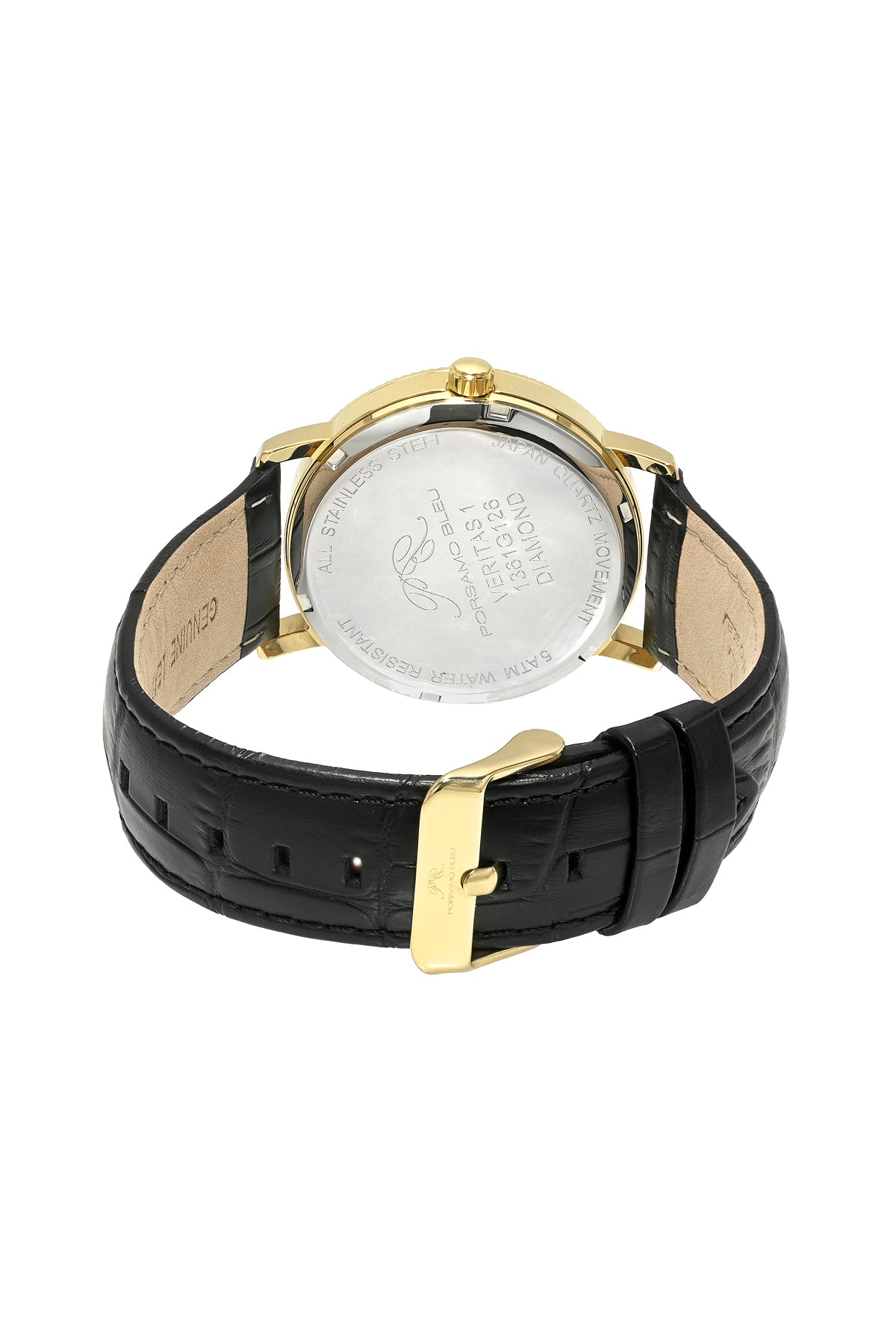 Veritas 1 Genuine Leather Diamond Gold Tone and Black Men's Watch 1361GVEL