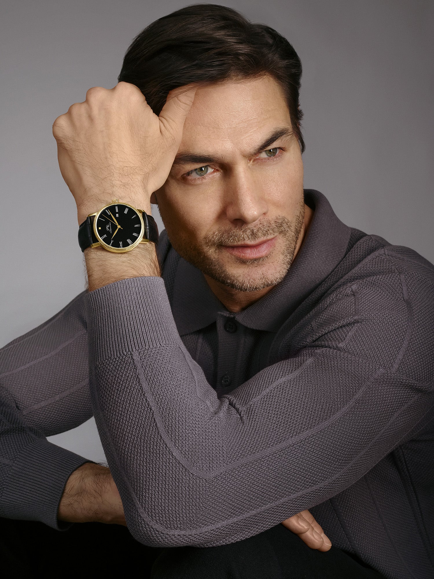 Veritas 1 Genuine Leather Diamond Gold Tone and Black Men's Watch 1361GVEL