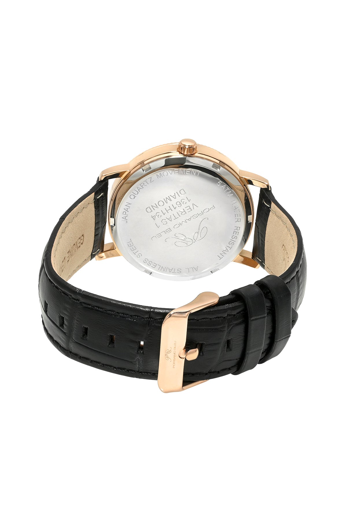 Veritas 1 Genuine Leather Diamond Rose Tone and Black Men's Watch 1361HVEL