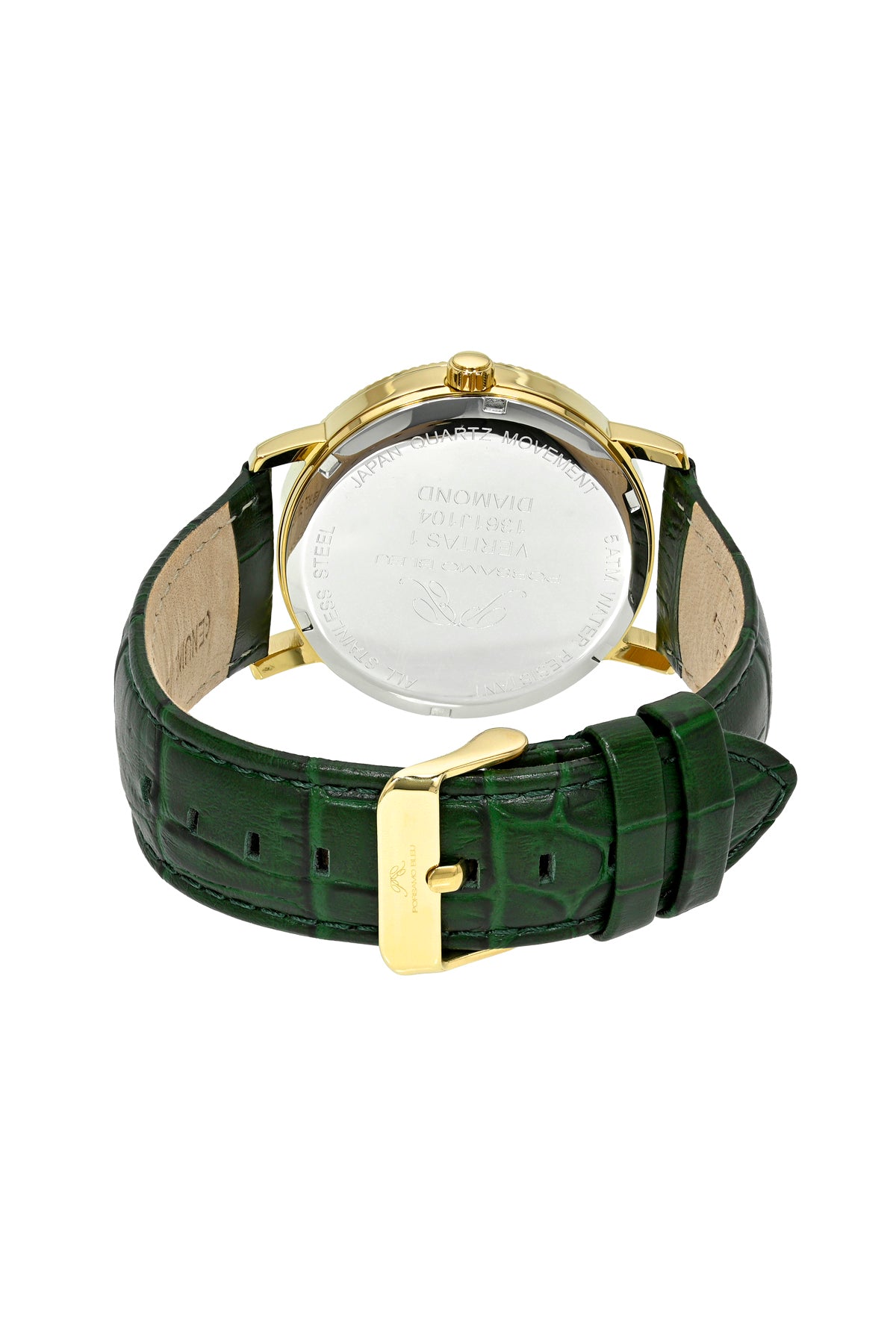 Veritas 1 Luxury Men's Diamond Watch Genuine Leather Band, Gold Tone, Green 1361JVEL
