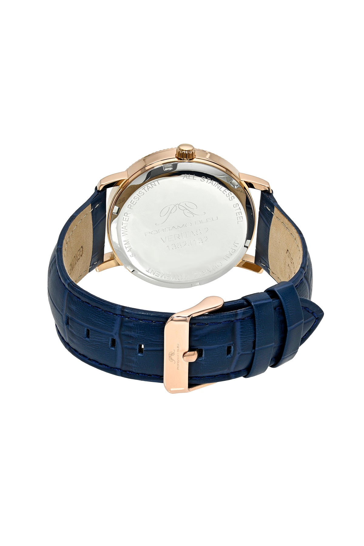 Veritas 2 Luxury Men's Watch Genuine Leather Band, Rose Tone, Blue, 1362JVEL
