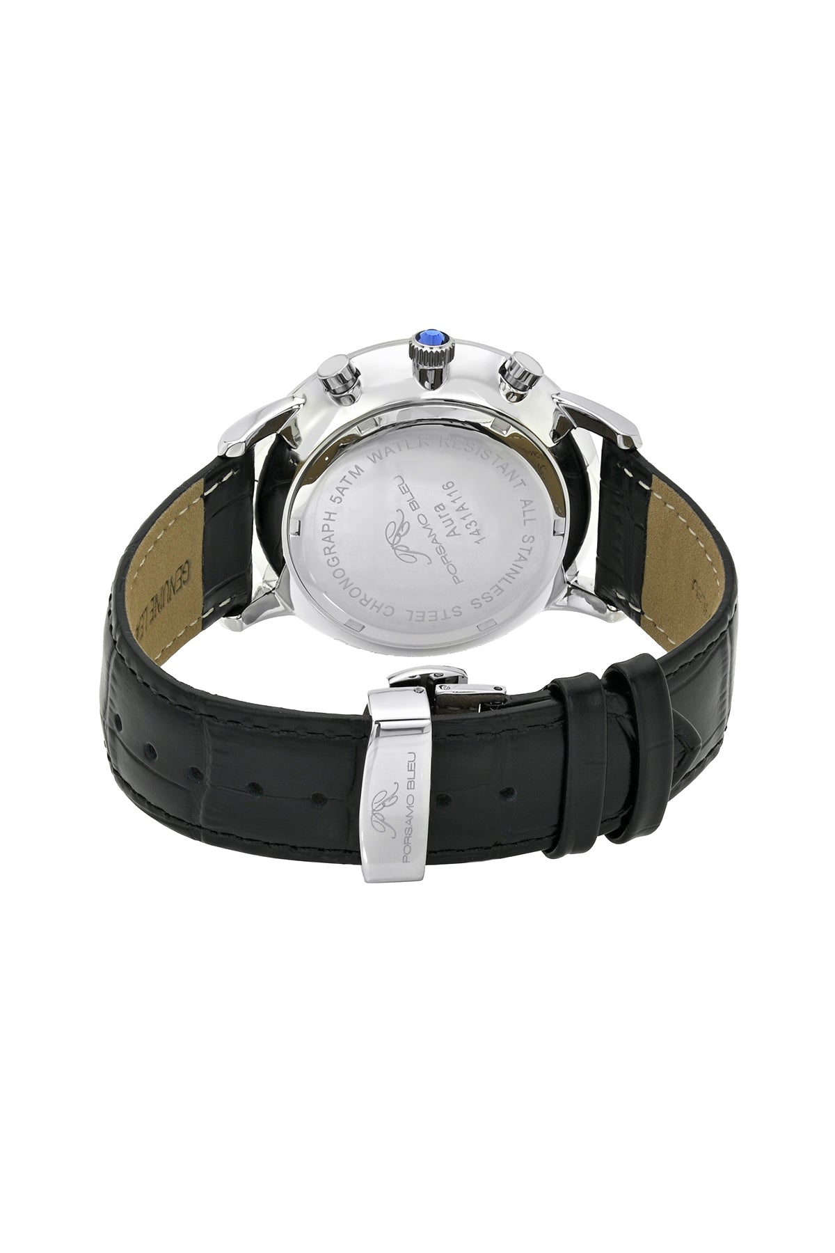 Porsamo Bleu Aura Luxury Chronograph Men's Genuine Leather Watch, With Silver Tone Sunray Dial, Silver Tone, Black 1431AAUL