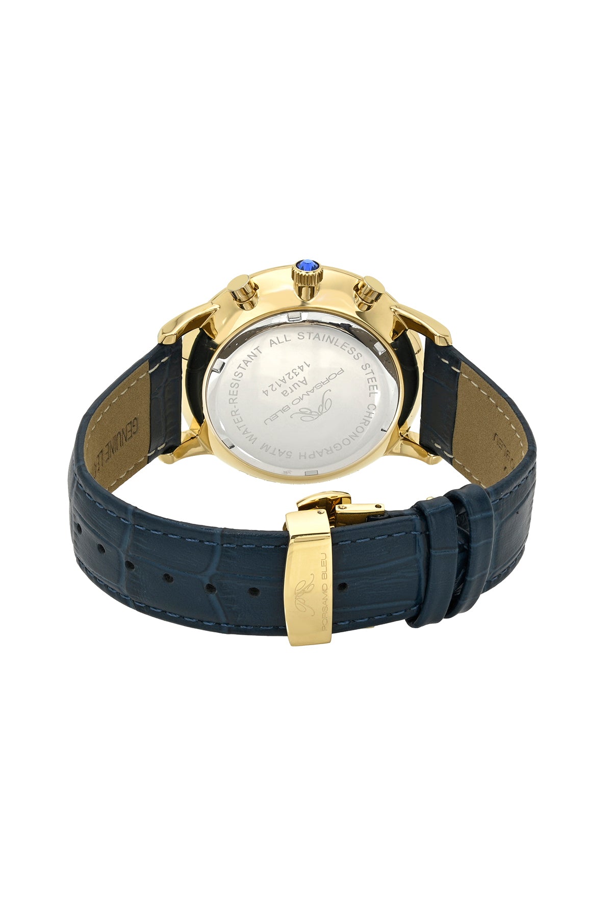 Porsamo Bleu Aura Luxury Chronograph Men's Genuine Leather Watch, With Blue Sunray Dial, Gold Tone, Blue 1432AAUL