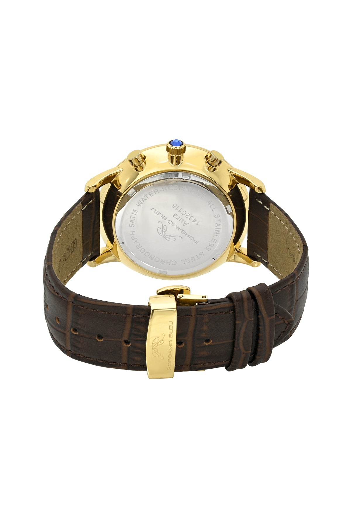 Porsamo Bleu Aura Luxury Chronograph Men's Genuine Leather Watch, With Silver Tone Sunray Dial, Gold Tone, Brown 1432CAUL