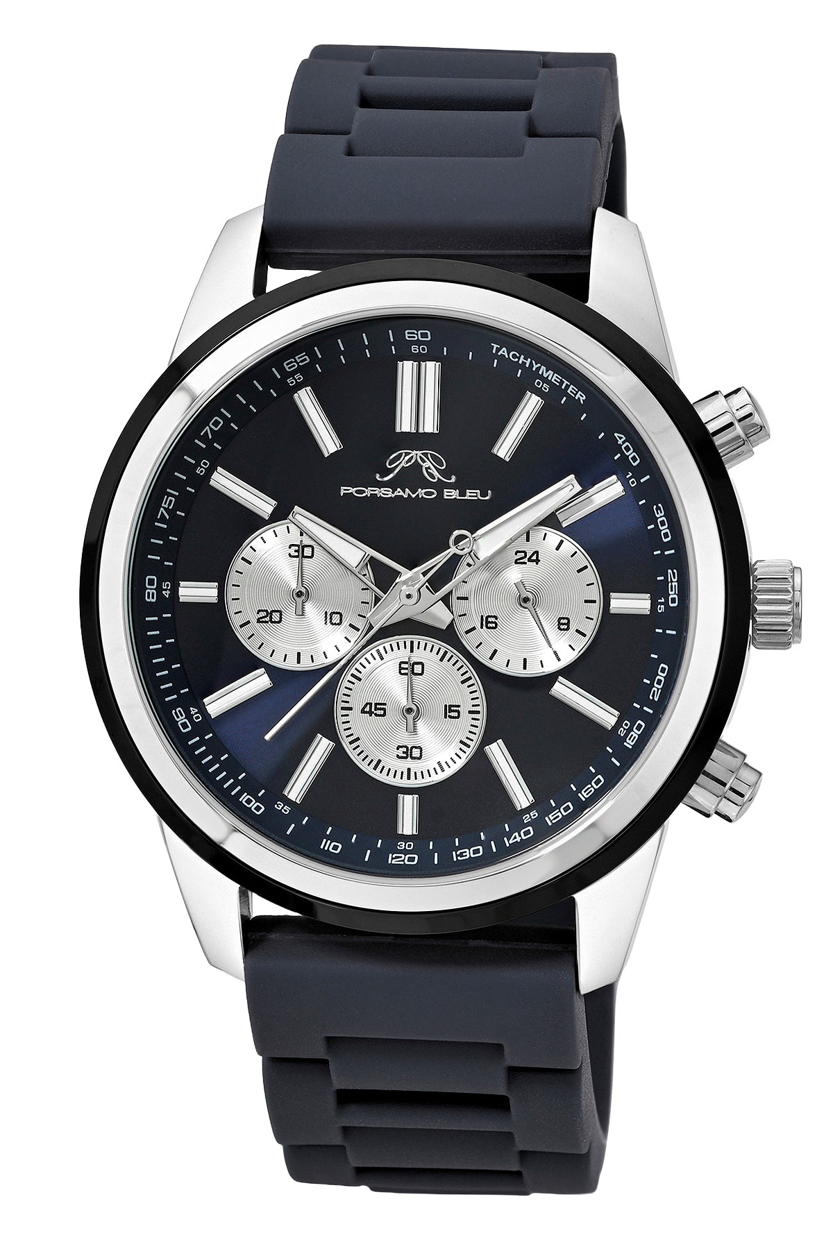 Porsamo Bleu Logan Luxury Chronograph Men's Silicone Strap Watch, Silver Tone, Black 1451ALOR