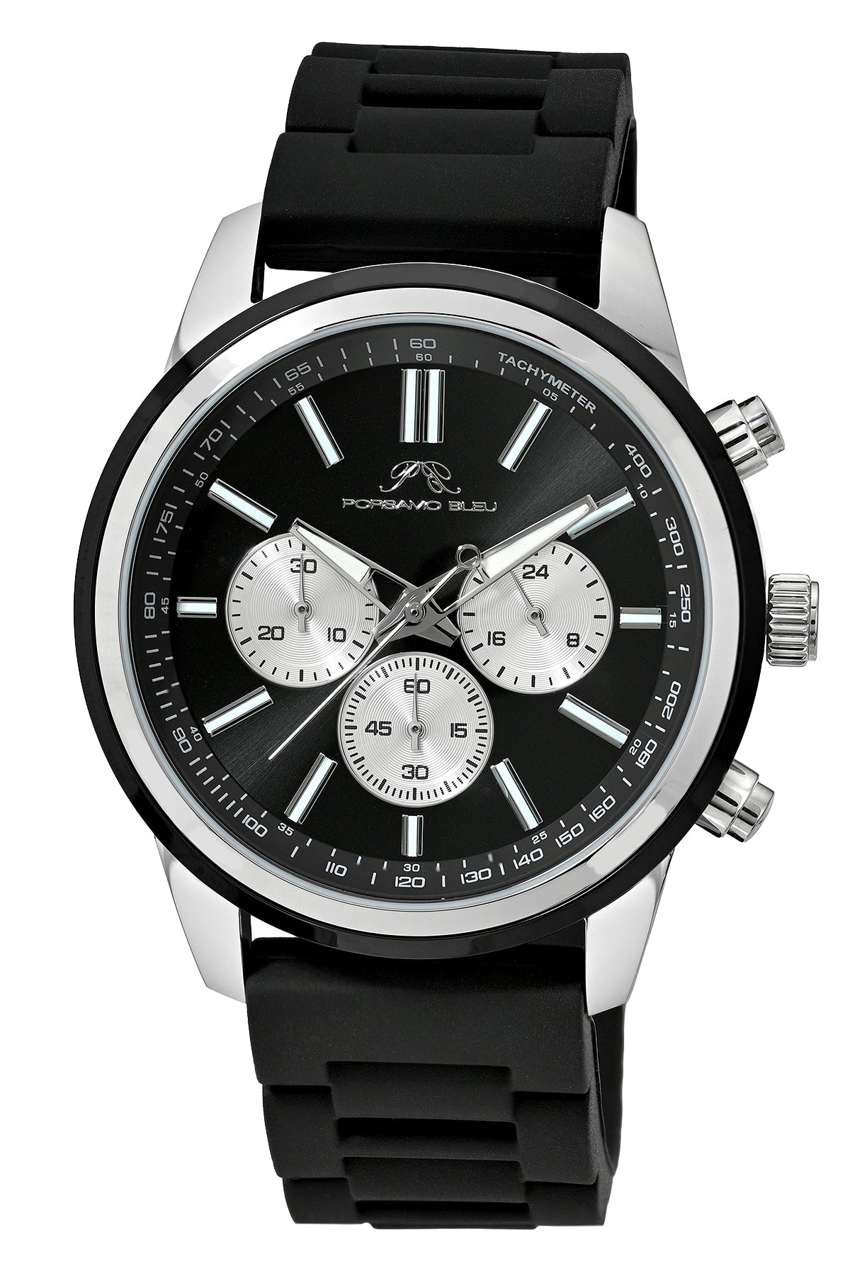 Porsamo Bleu Logan Luxury Chronograph Men's Silicone Strap Watch, Silver Tone, Black 1451ALOR