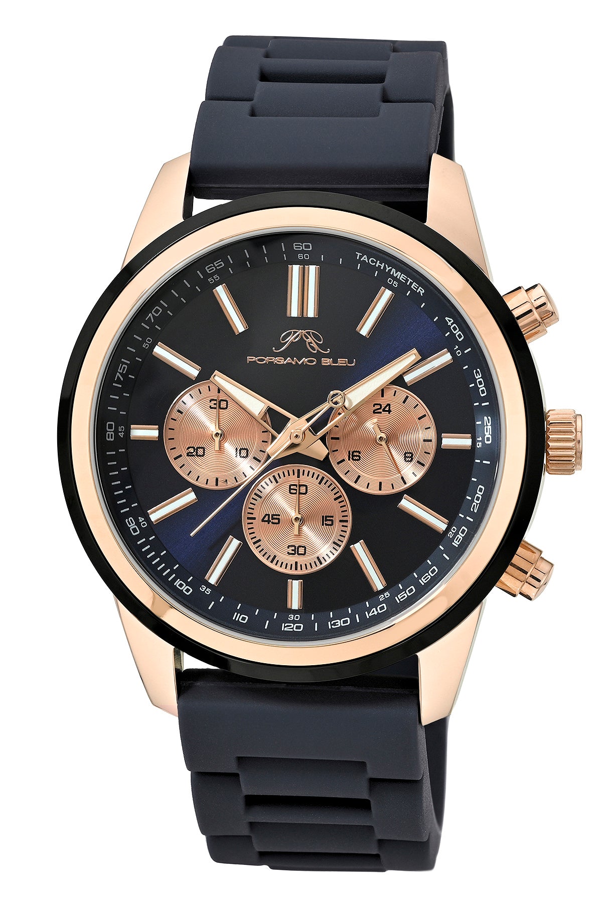 Porsamo Bleu Logan Luxury Chronograph Men's Silicone Strap Watch, Silver Tone, Black 1451ALOR