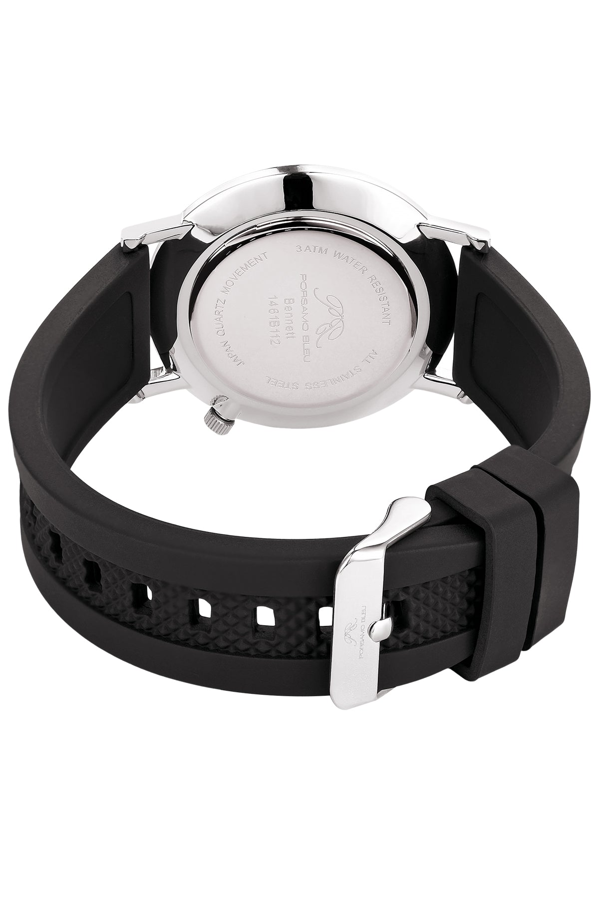 Porsamo Bleu Bennett Luxury Men's Silicone Strap Watch, Silver Tone and Black 1461BBER