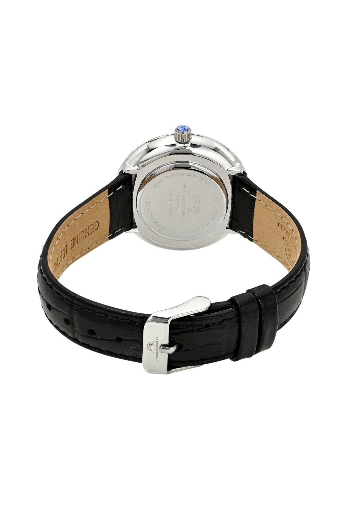 Porsamo Bleu Monroe Luxury Womens' Genuine Leather Watch With White Guilloché Dial, Black, Silver, 1491AMOL