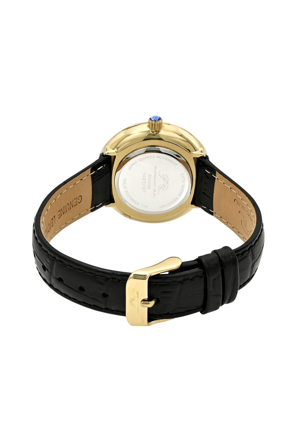 Porsamo Bleu Monroe Luxury Womens' Genuine Leather Watch With Black Guilloché Dial, Black, Gold, 1491DMOL