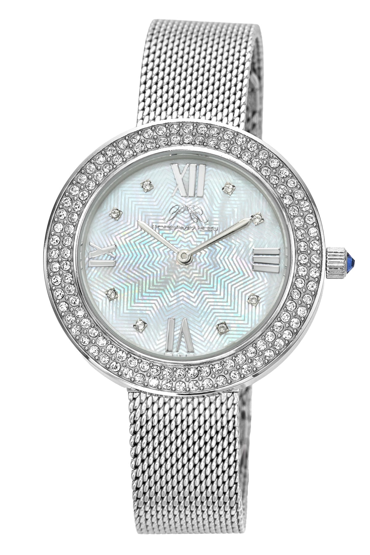 Porsamo Bleu Madeleine Luxury Women's Stainless Steel Topaz Watch, With White MOP Dial, Silver Tone 1511AMAS