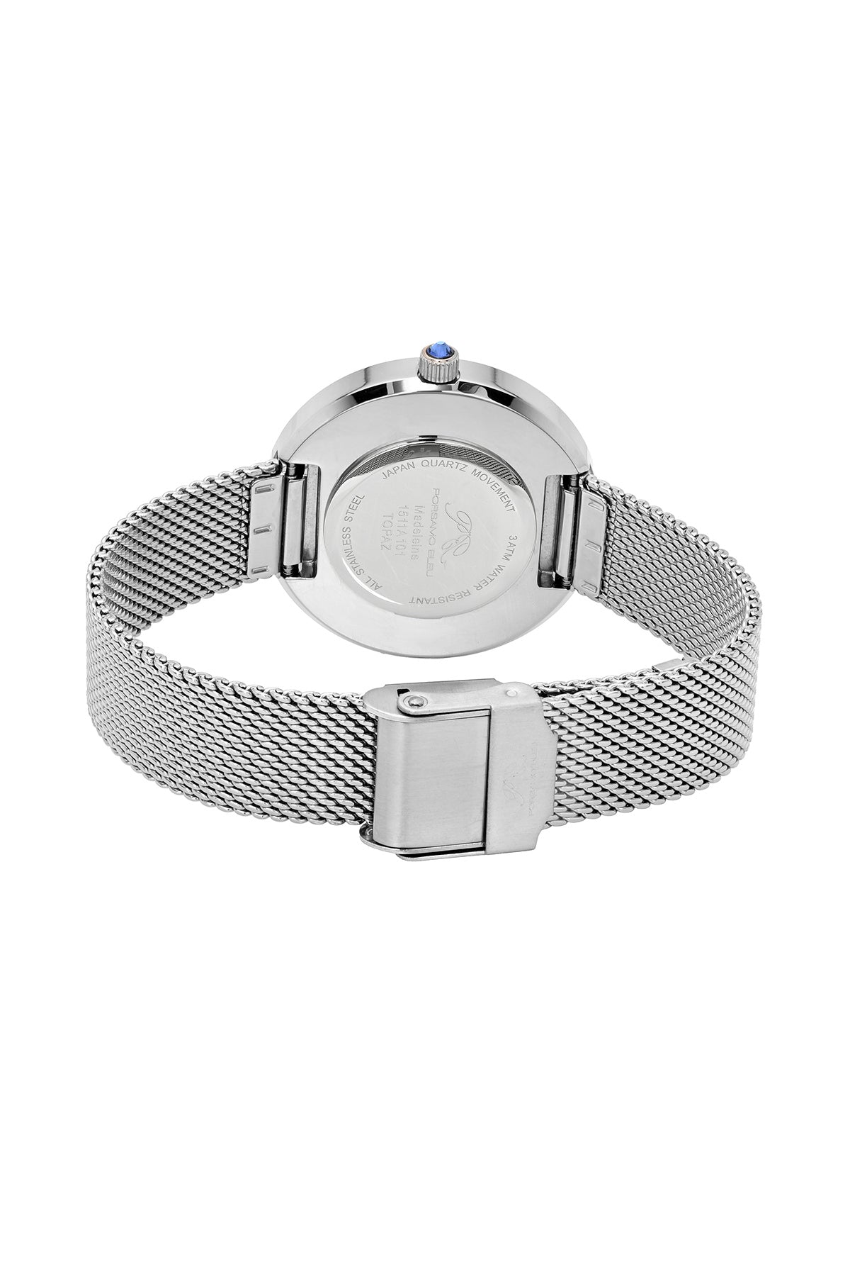 Porsamo Bleu Madeleine Luxury Women's Stainless Steel Topaz Watch, With White MOP Dial, Silver Tone 1511AMAS