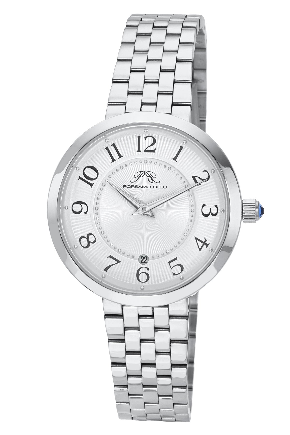 Porsamo Bleu Clementine Luxury Womens' Stainless Steel Watch With White Guilloché Dial, Silver Tone 1531ACLS