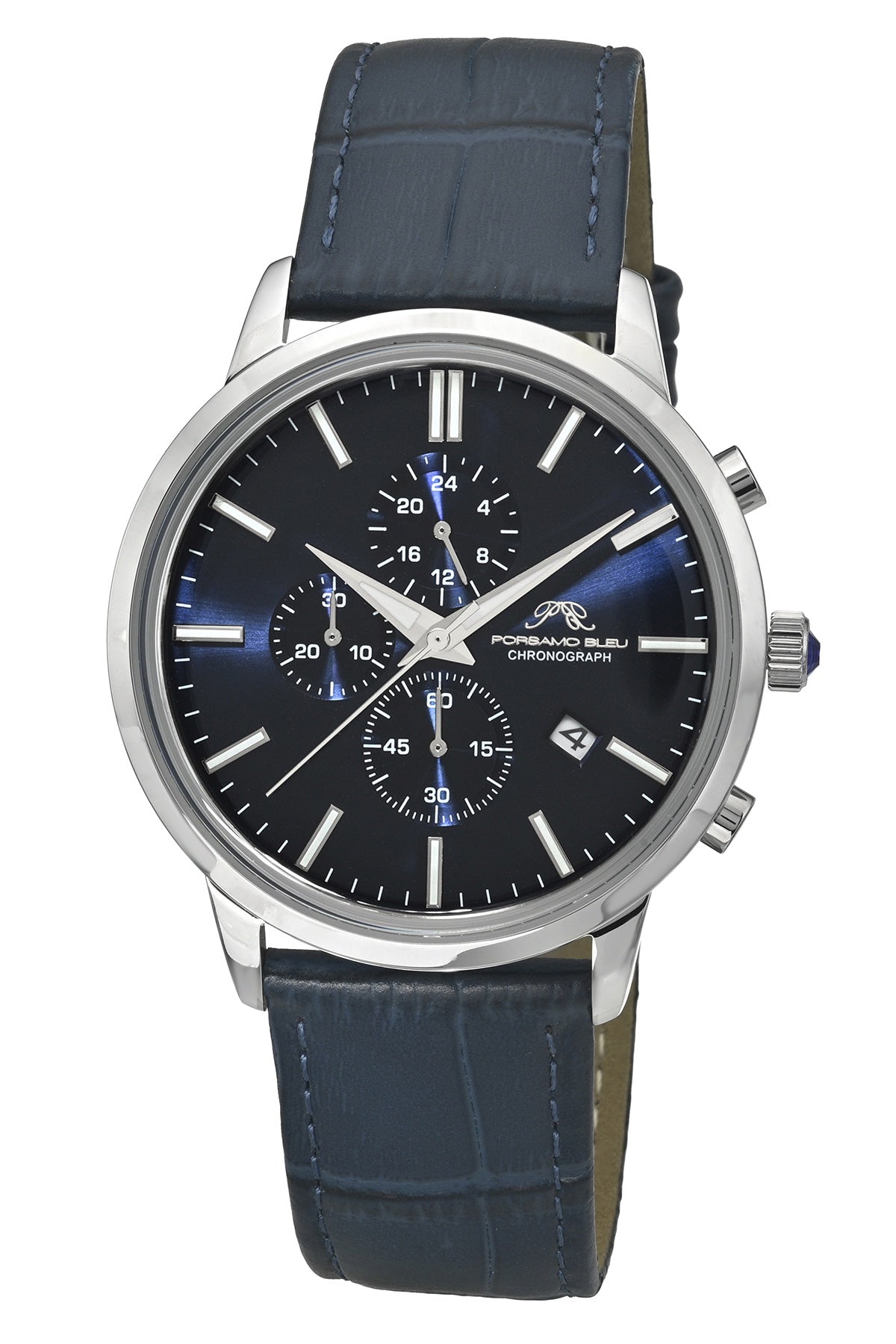 Porsamo Bleu Aura Luxury Chronograph Men's Genuine Leather Watch, With Blue Sunray Dial, Silver Tone, Blue 1431CAUL