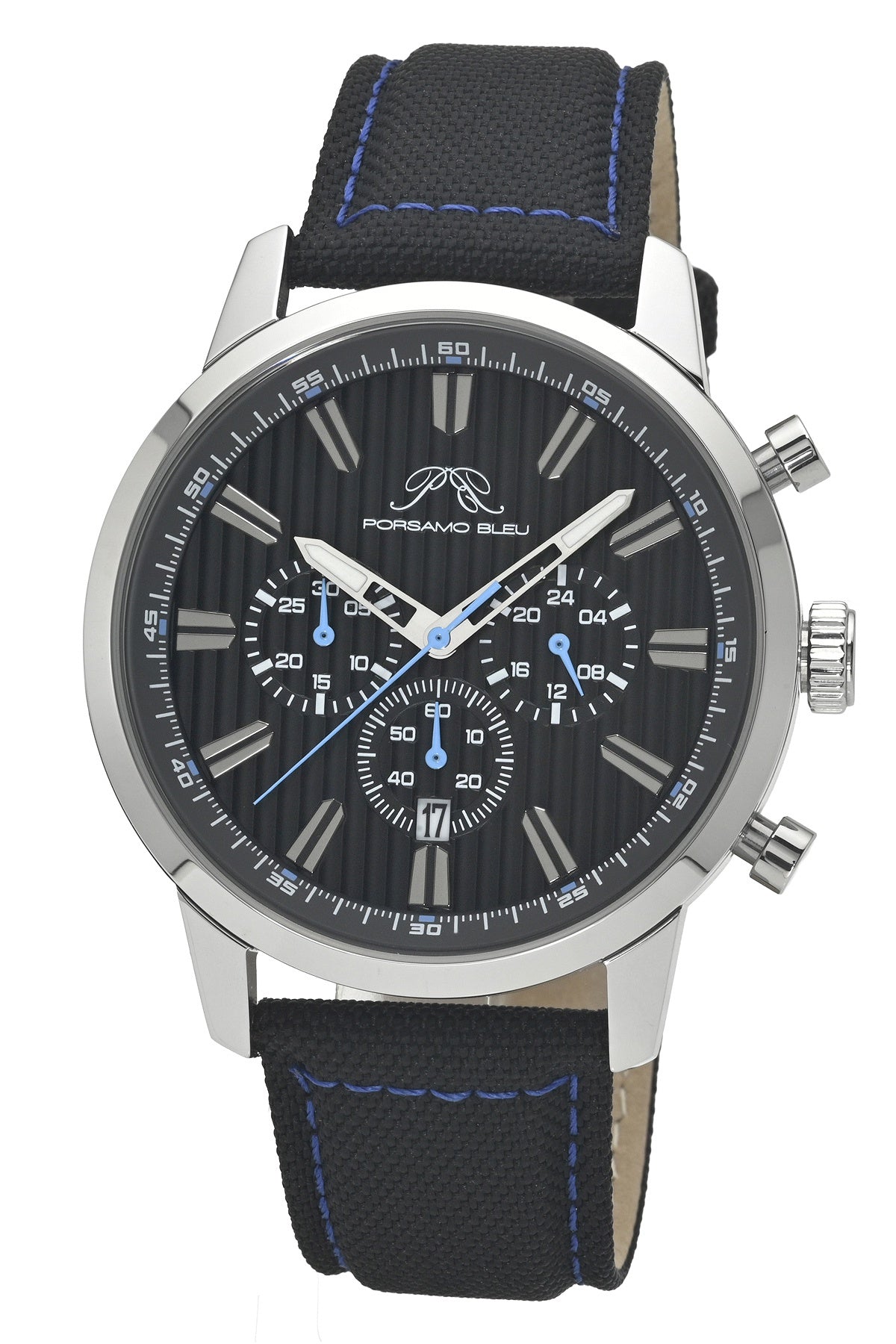 Porsamo Bleu Ryder Luxury Chronograph Men's Canvas Watch, With Black And Blue Dial, Silver Tone, Black 1521CRYF