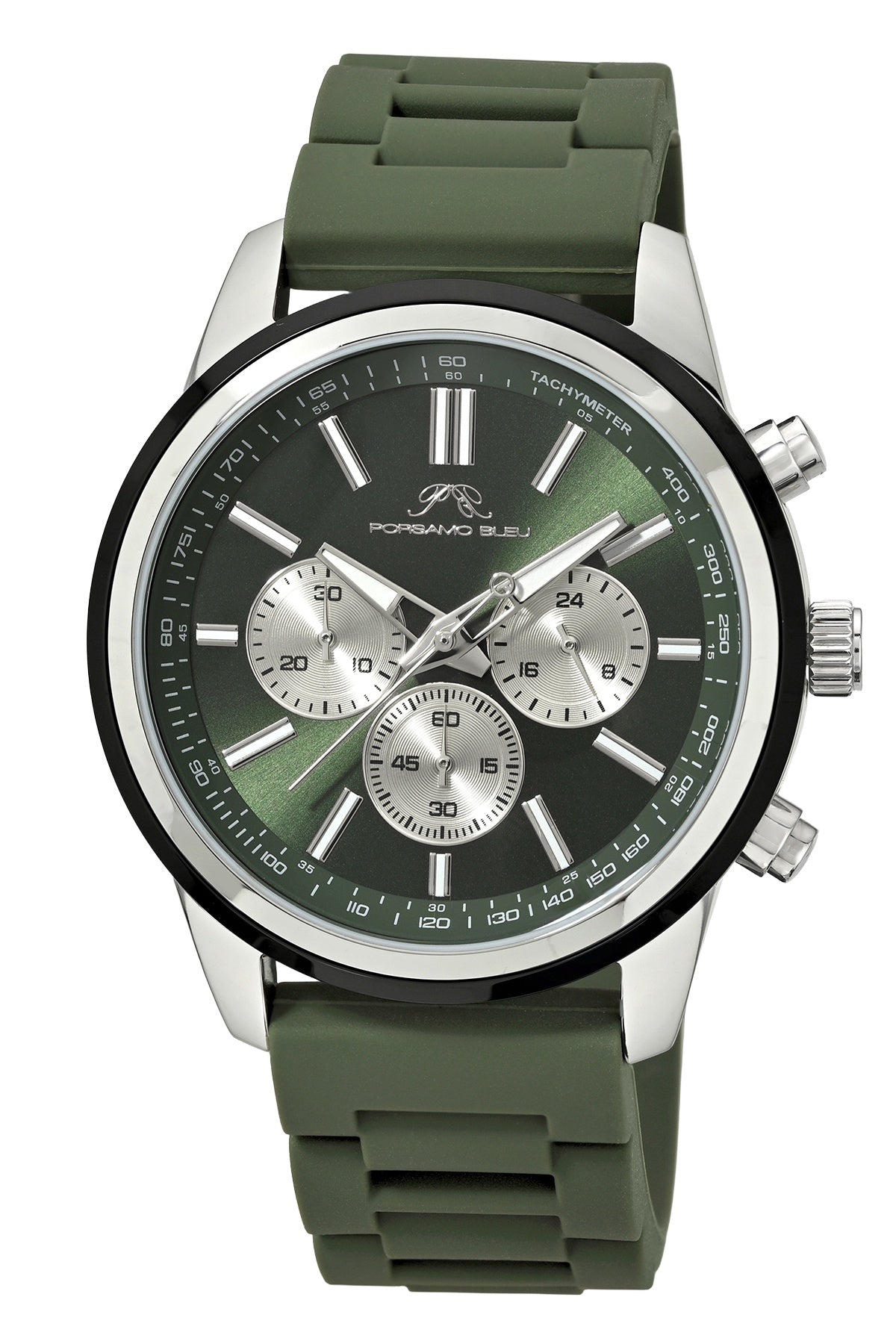 Porsamo Bleu Logan Luxury Chronograph Men's Silicone Strap Watch, Silver Tone, Green 1451CLOR