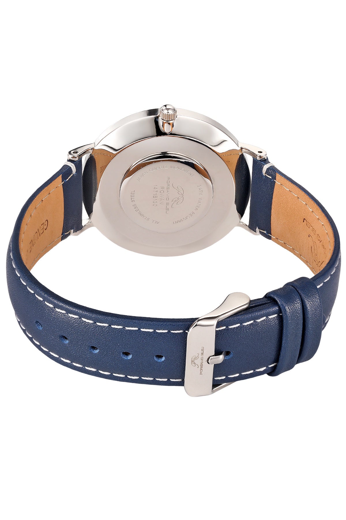 Porsamo Bleu Rowan Luxury Men's Genuine Leather Band Watch, Silver Tone and Blue 1471BROL