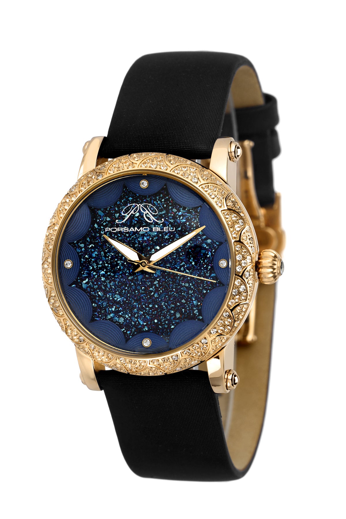 Porsamo Bleu Genevieve Satin Covered Genuine Leather Black & Gold Women's Watch 682BGEL