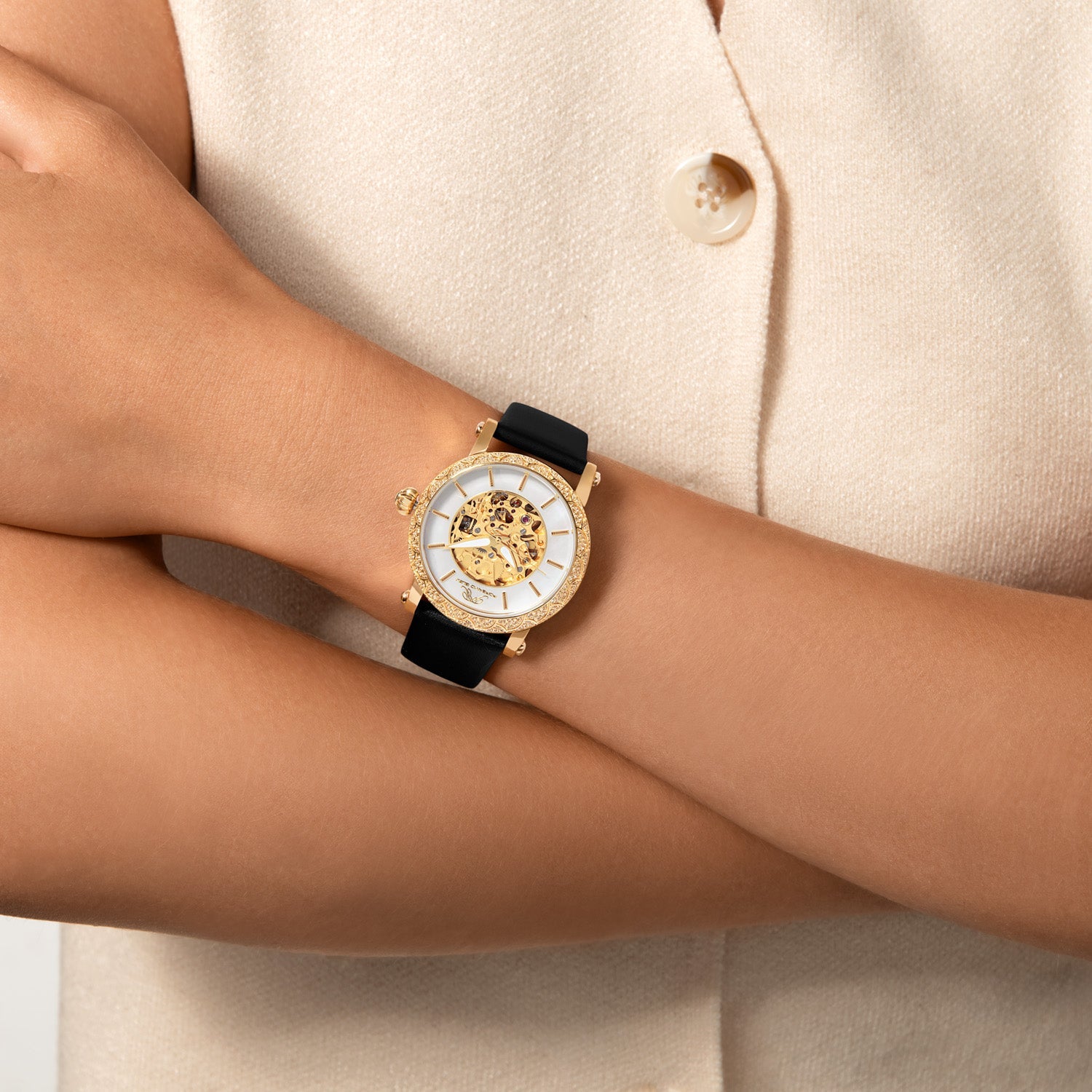 Liza Satin Covered Genuine Leather Black Women's Automatic Topaz Watch 691BLIL