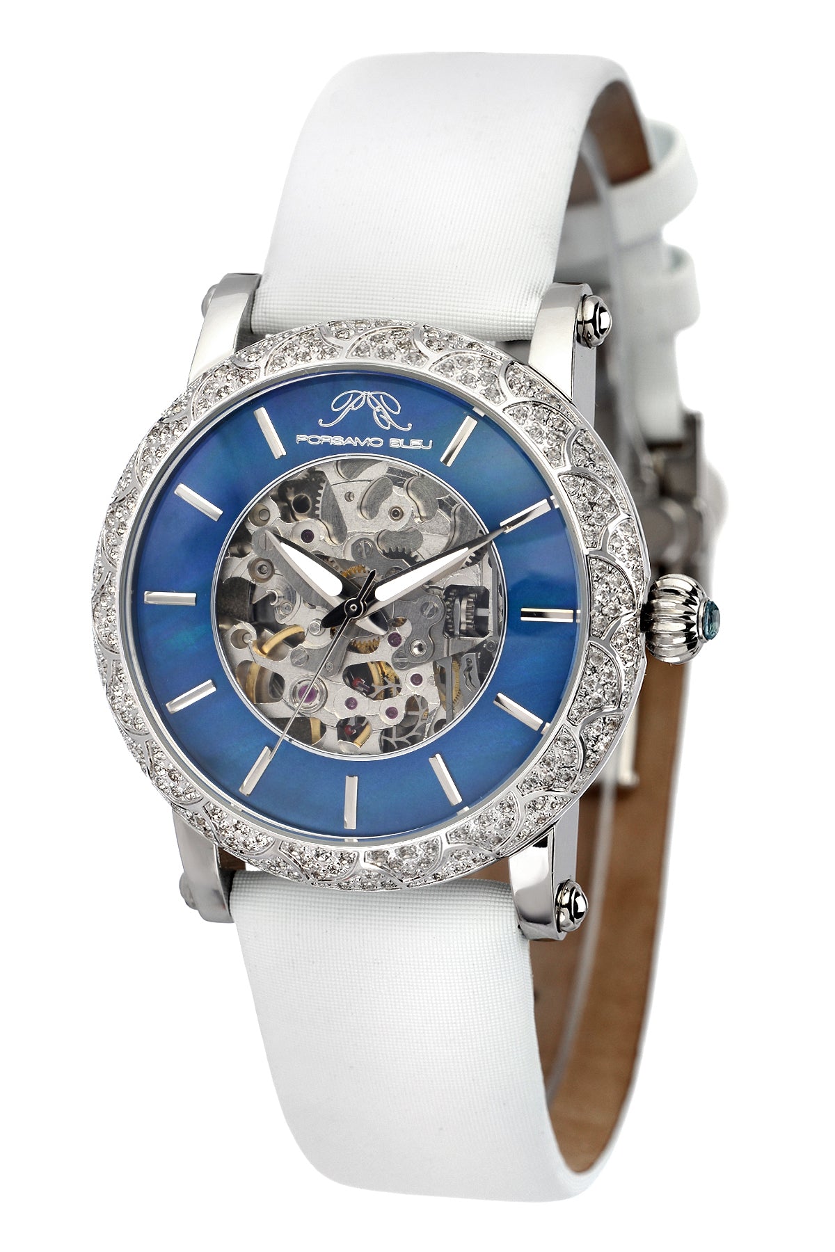 Porsamo Bleu Liza Satin Covered Genuine Leather White Women's Automatic Topaz Watch 692ALIL