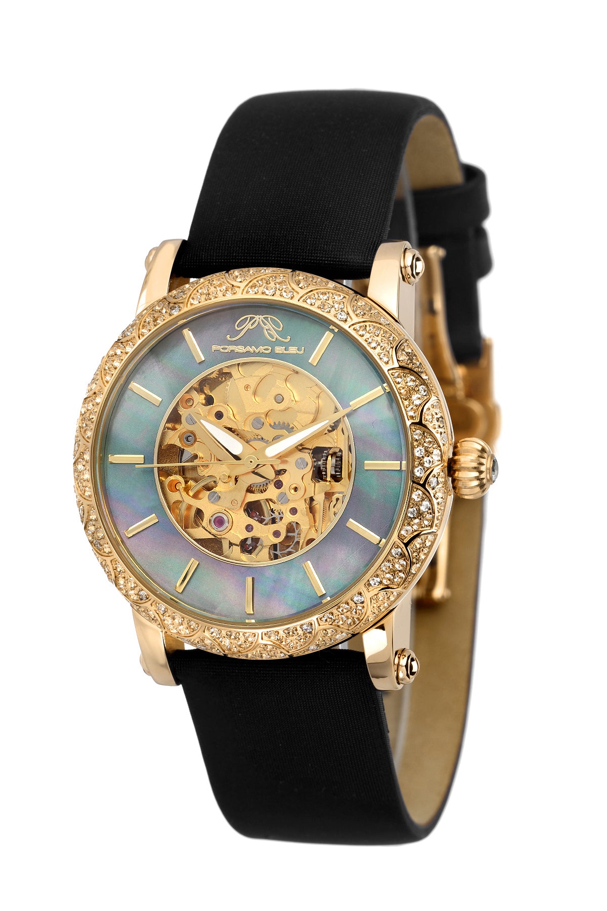 Porsamo Bleu Liza Satin Covered Genuine Leather Black Women's Automatic Topaz Watch 692BLIL