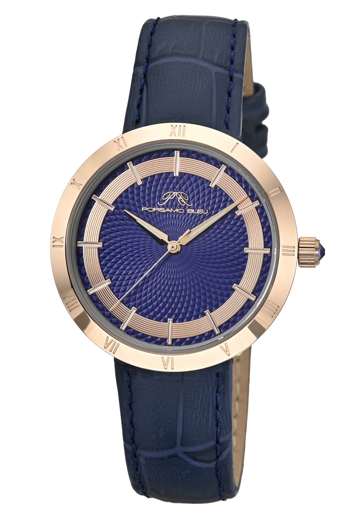 Porsamo Bleu Monroe Luxury Womens' Genuine Leather Watch With Blue Guilloché Dial, Blue, Rose, 1491EMOL