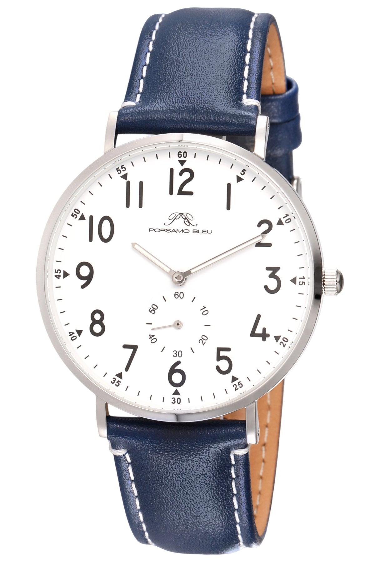 Porsamo Bleu Rowan Luxury Men's Genuine Leather Band Watch, Silver Tone and Blue 1471BROL