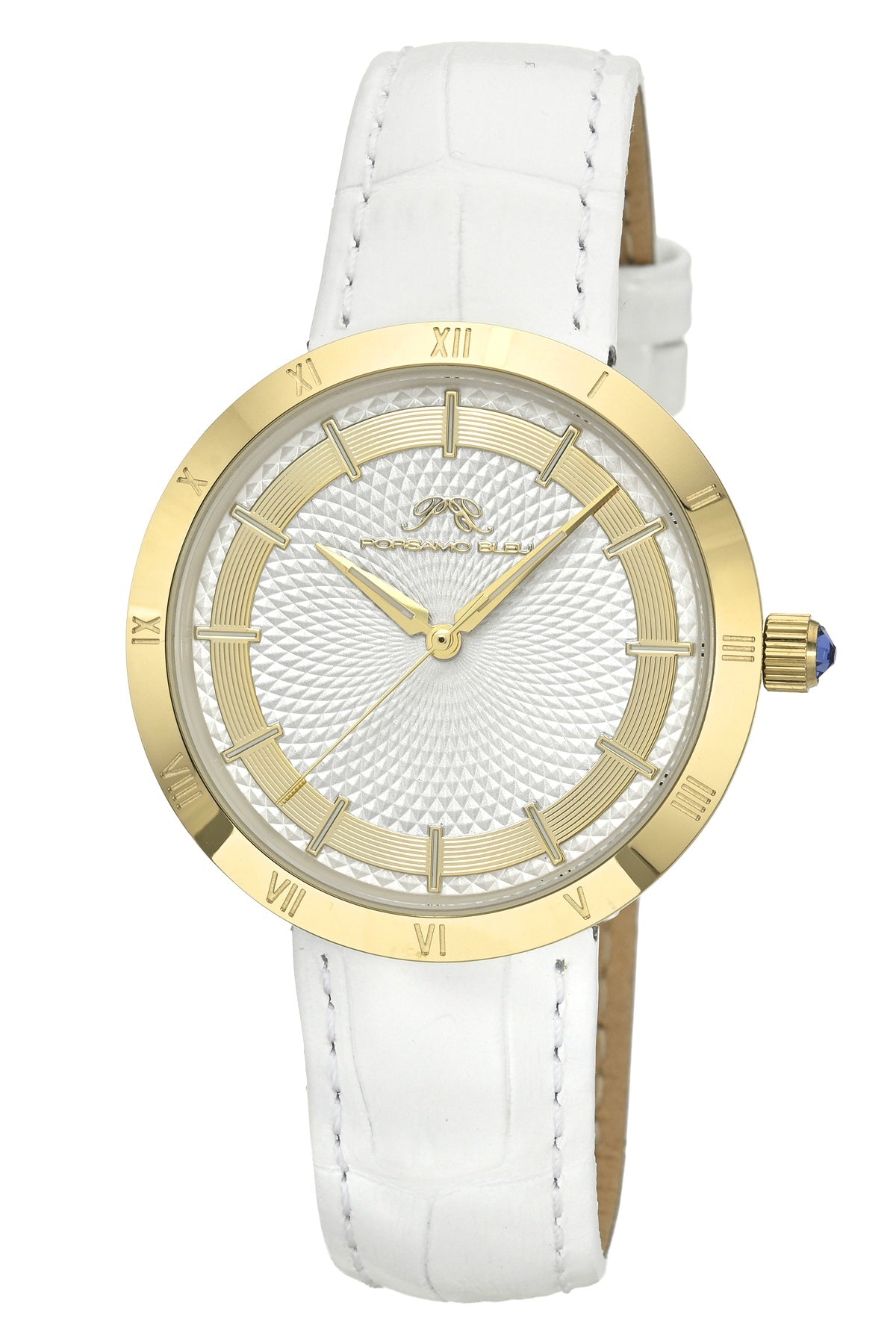 Porsamo Bleu Monroe Luxury Womens' Genuine Leather Watch With White Guilloché Dial, White, Gold, 1491CMOL