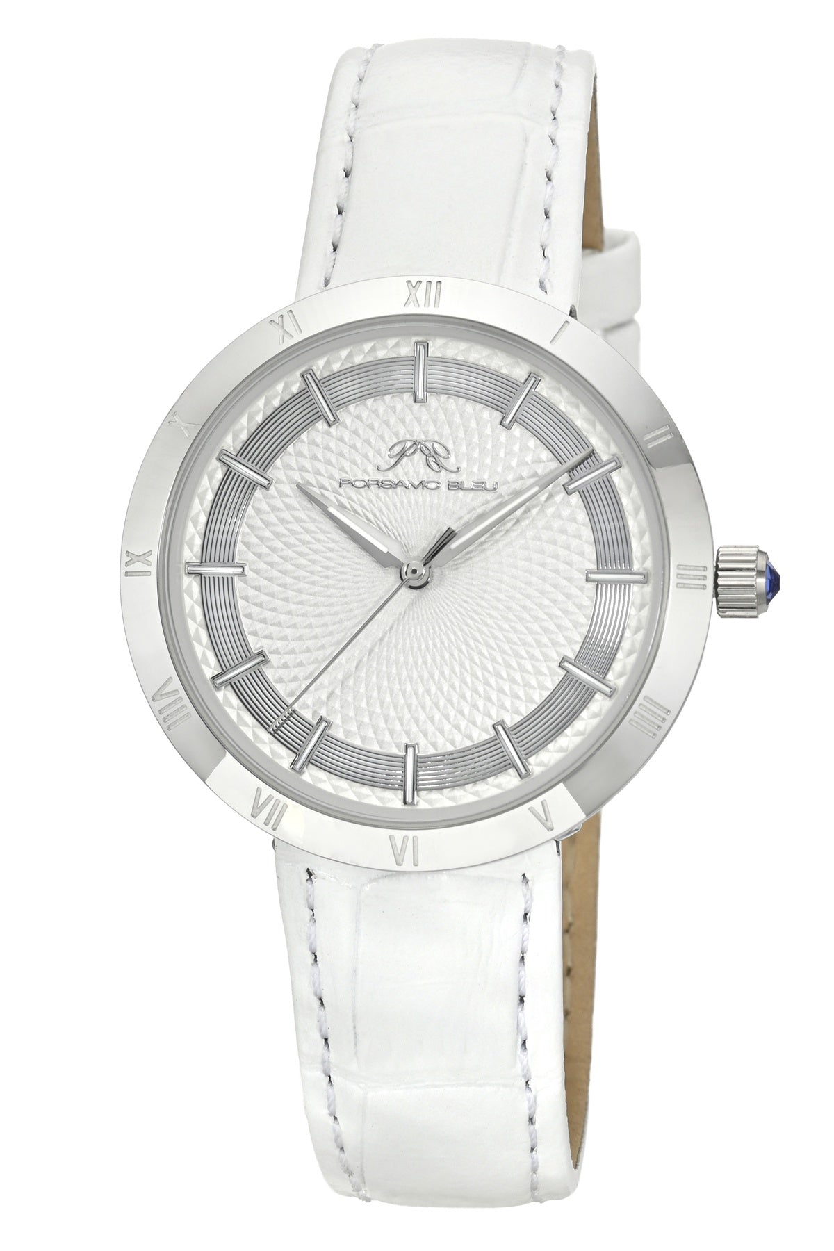 Porsamo Bleu Monroe Luxury Womens' Genuine Leather Watch With White Guilloché Dial, White, Silver, 1491BMOL