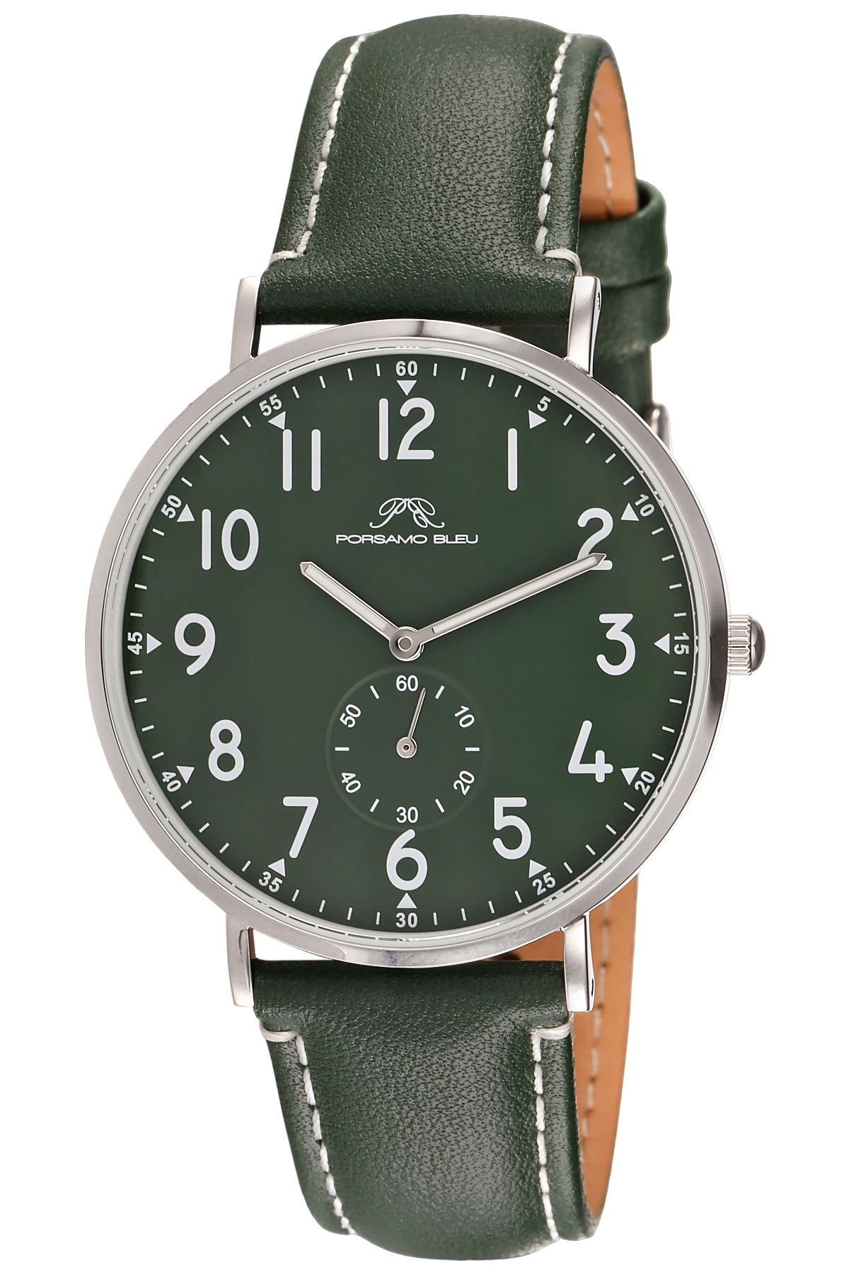 Porsamo Bleu Rowan Luxury Men's Genuine Leather Band Watch, Silver Tone and Green 1471EROL