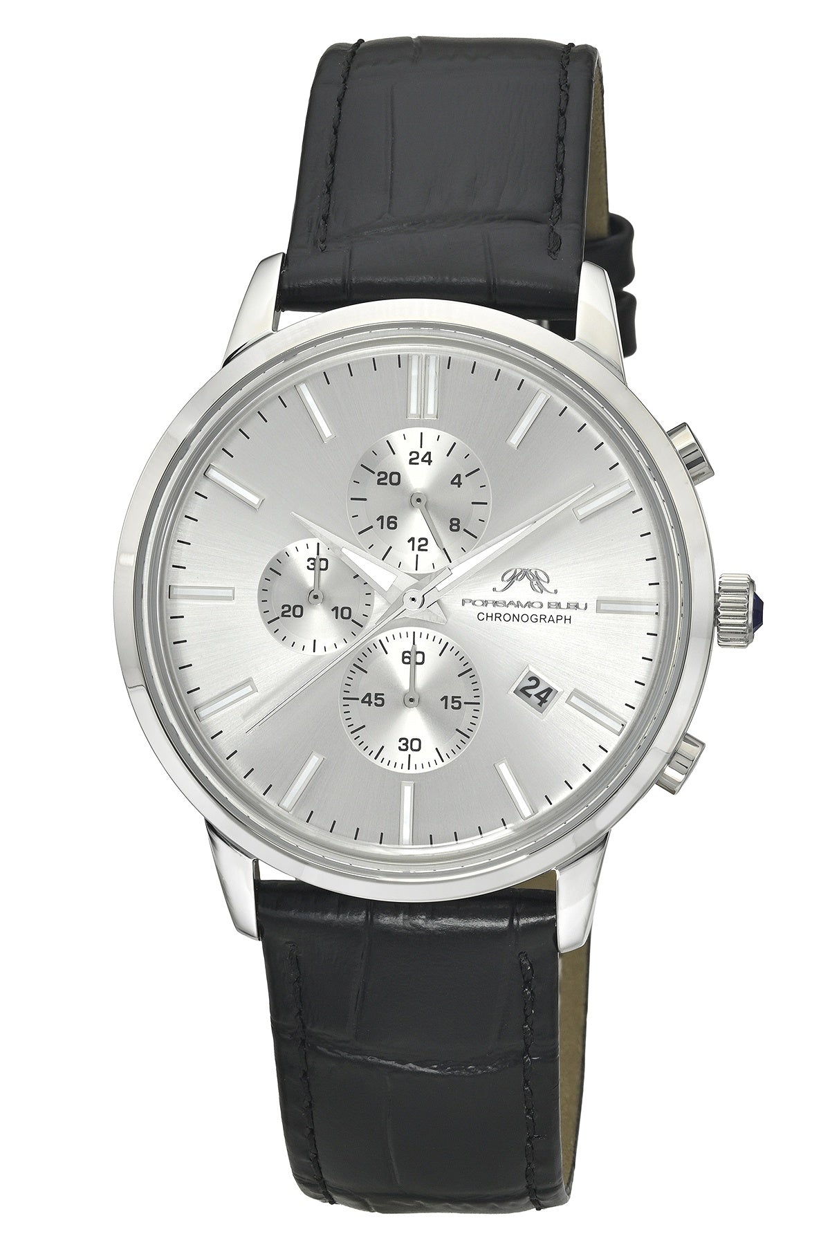 Porsamo Bleu Aura Luxury Chronograph Men's Genuine Leather Watch, With Silver Tone Sunray Dial, Silver Tone, Black 1431AAUL