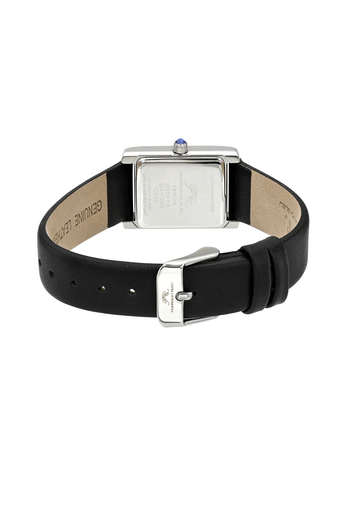 Porsamo Bleu Karolina luxury diamond topaz rectangular women's genuine leather band watch, silver, black 1083AKAL