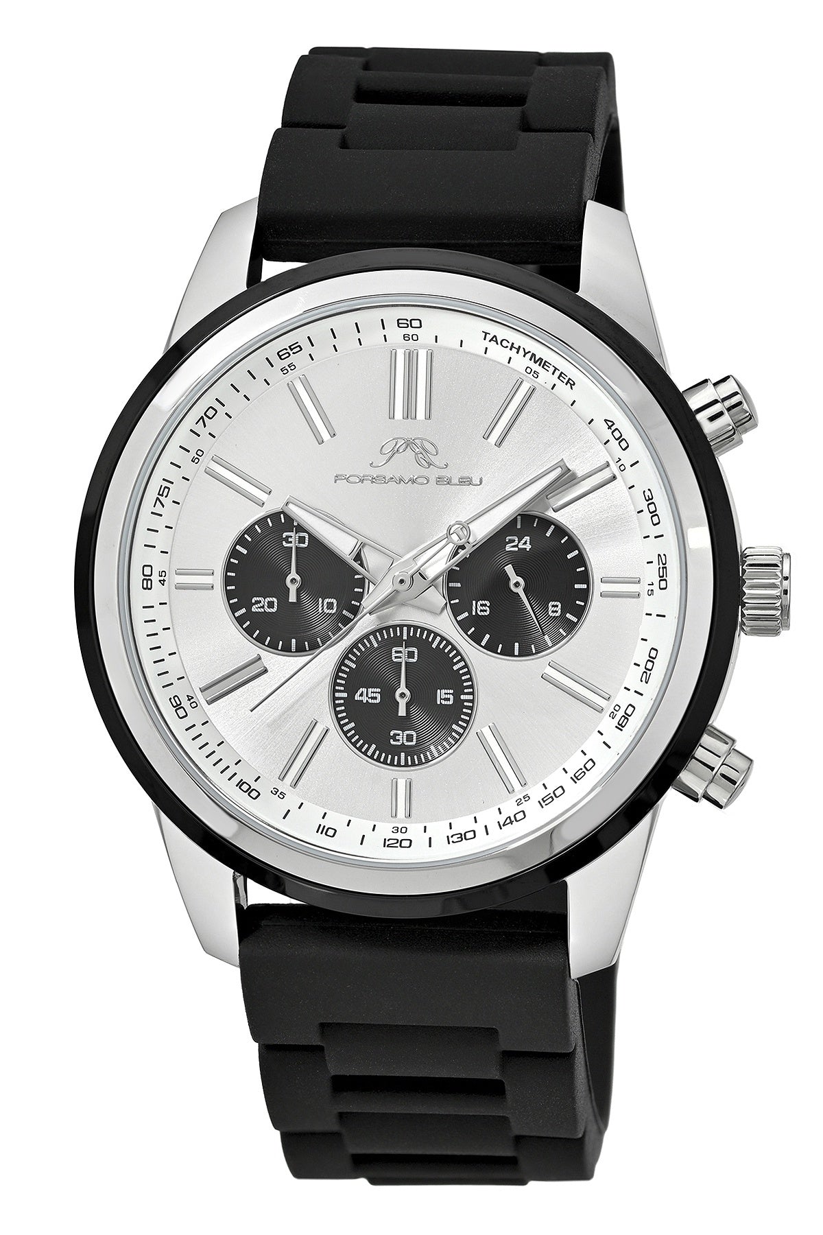 Porsamo Bleu Logan Luxury Chronograph Men's Silicone Strap Watch, Silver Tone, Black 1451ALOR