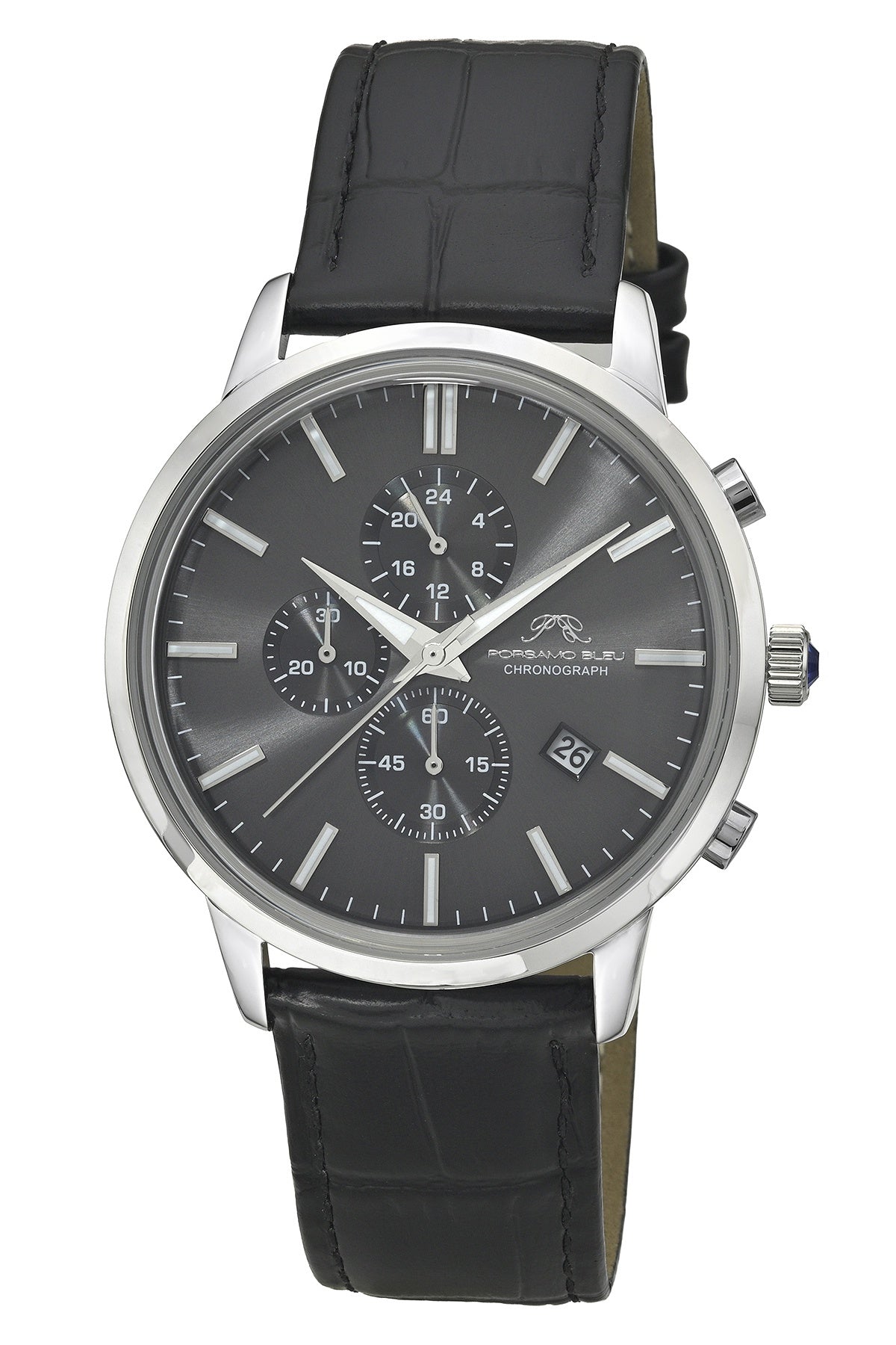 Porsamo Bleu Aura Luxury Chronograph Men's Genuine Leather Watch, With Gray Sunray Dial, Silver Tone, Black 1431BAUL