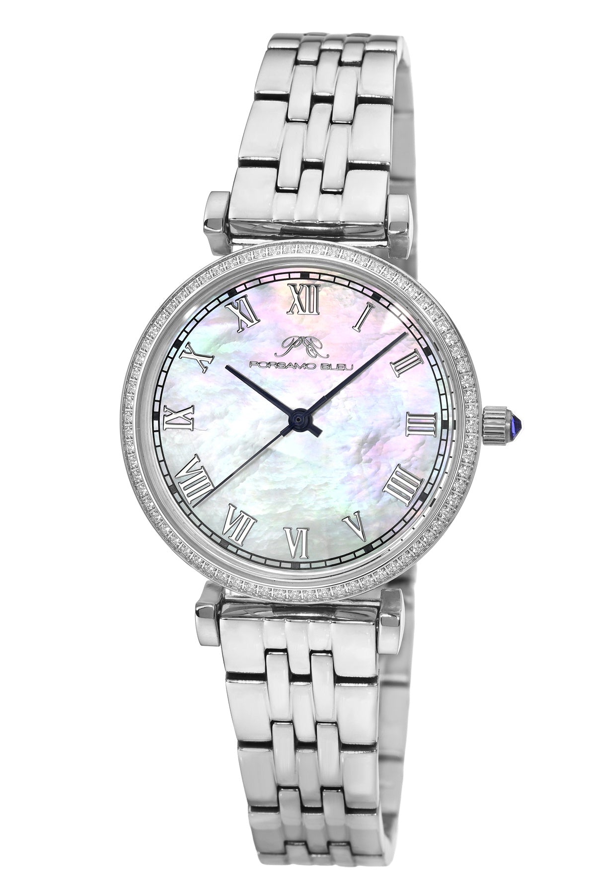 Porsamo Bleu Emma Luxury Womens' Stainless Steel Topaz Watch With White MOP Dial, Silver Tone, 1412AEMS