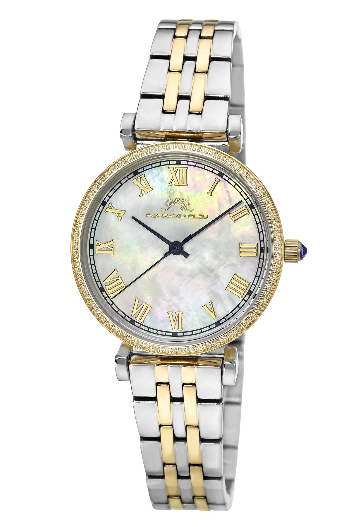 Porsamo Bleu Emma Luxury Womens' Stainless Steel Topaz Watch With White MOP Dial, Two Tone, 1412DEMS