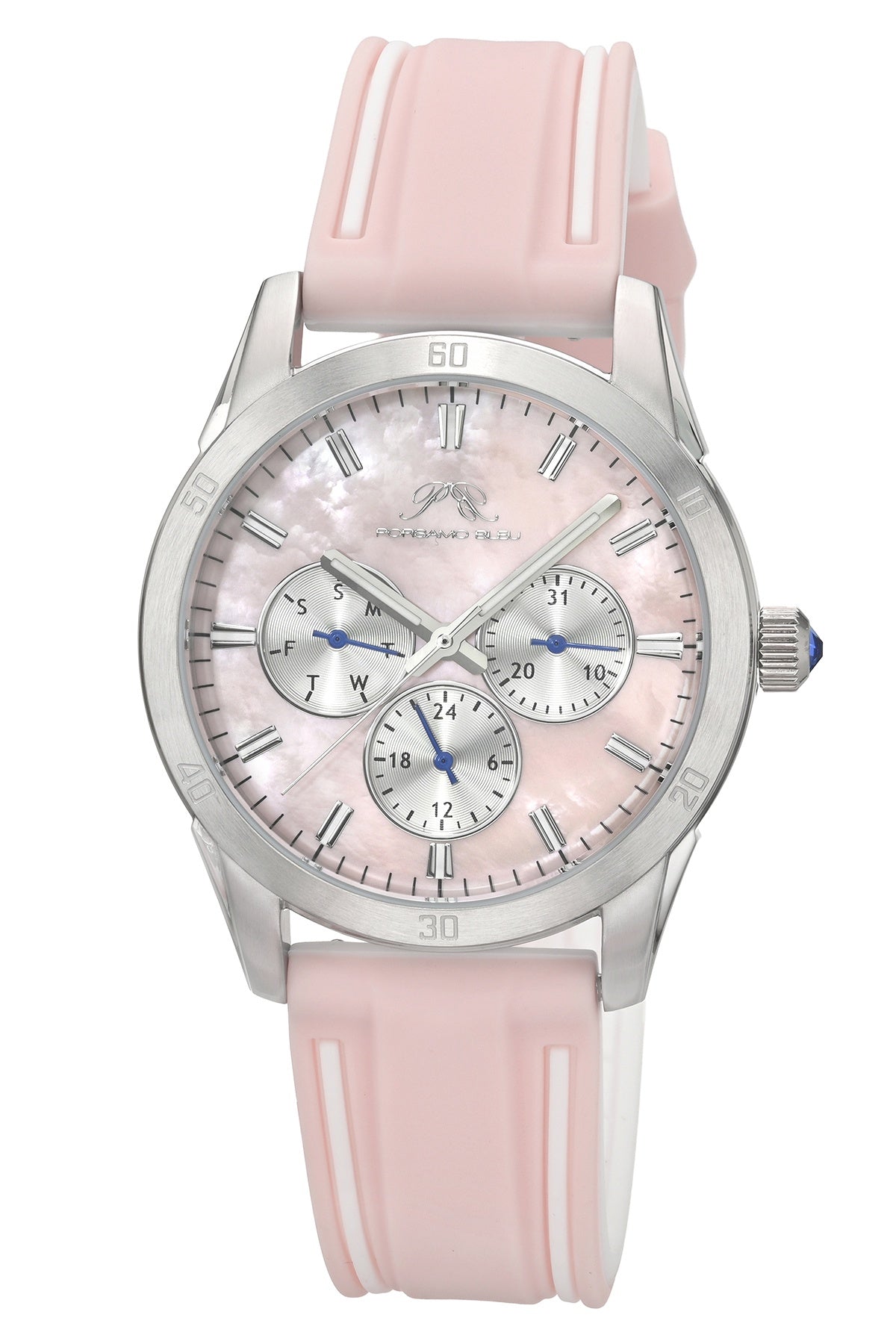 Porsamo Bleu Georgie Luxury Multifunction Womens' Silicone Strap Watch With Pink MOP Dial, Silver Tone, Pink, 1501EGER