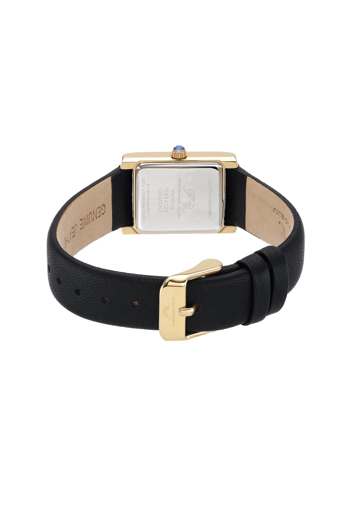 Porsamo Bleu Karolina luxury diamond rectangular women's genuine leather band watch, gold, black 1082AKAL