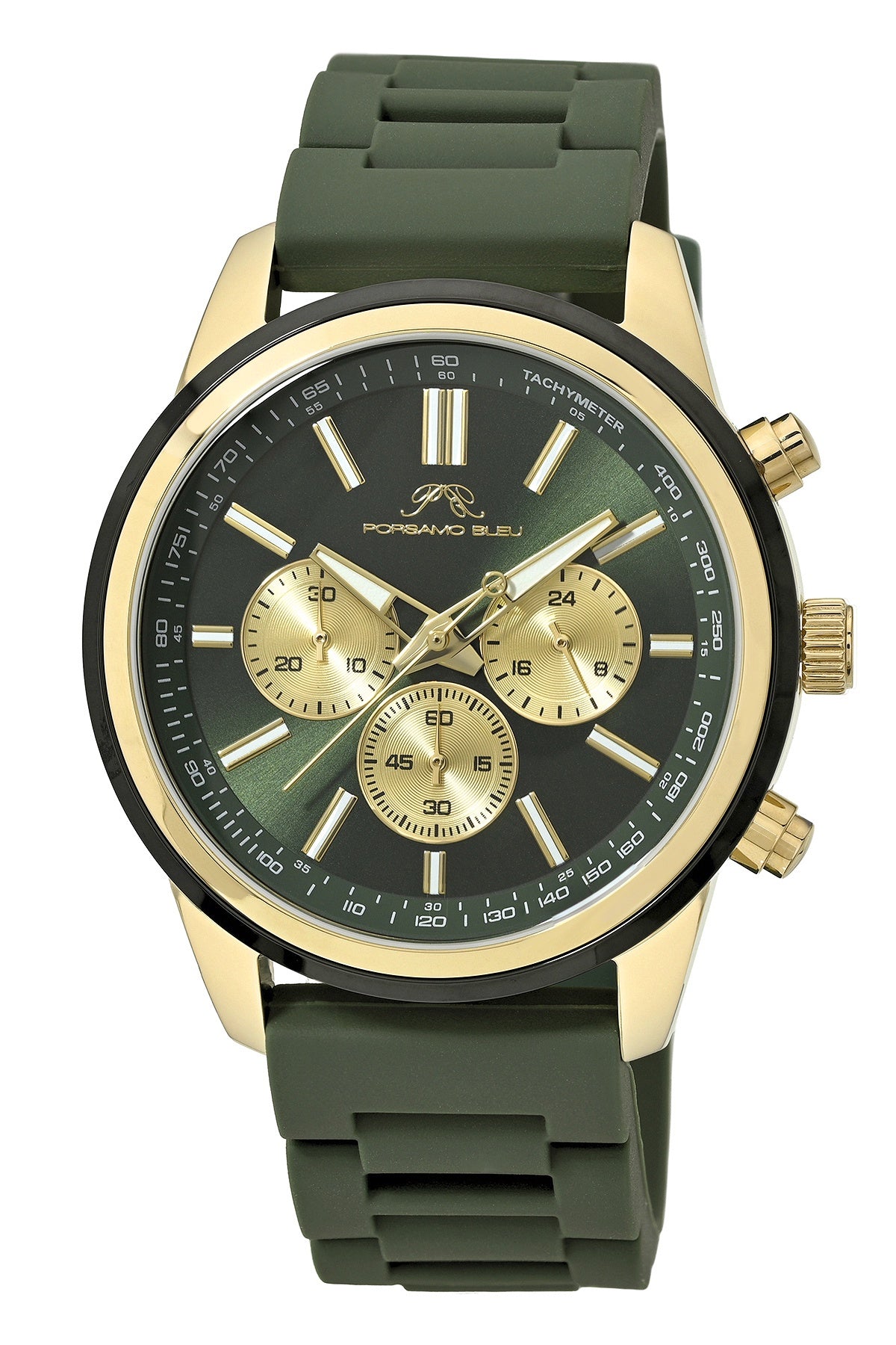 Porsamo Bleu Logan Luxury Chronograph Men's Silicone Strap Watch, Gold Tone, Green 1451ELOR