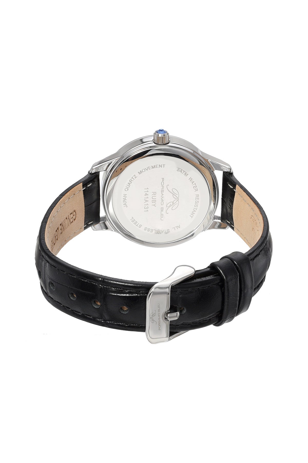 Ruby Genuine Leather Silver & Black Women's Crystal Watch 1141ARUL