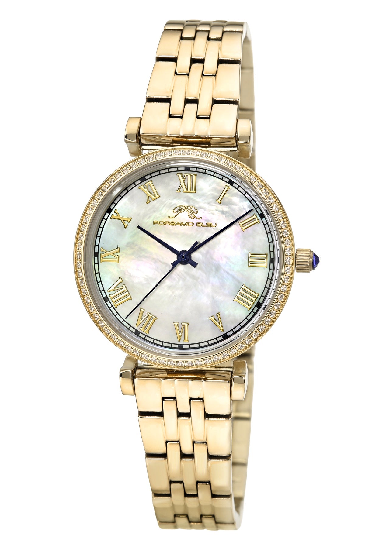 Porsamo Bleu Emma Luxury Womens' Stainless Steel Topaz Watch With White MOP Dial, Gold Tone, 1412BEMS