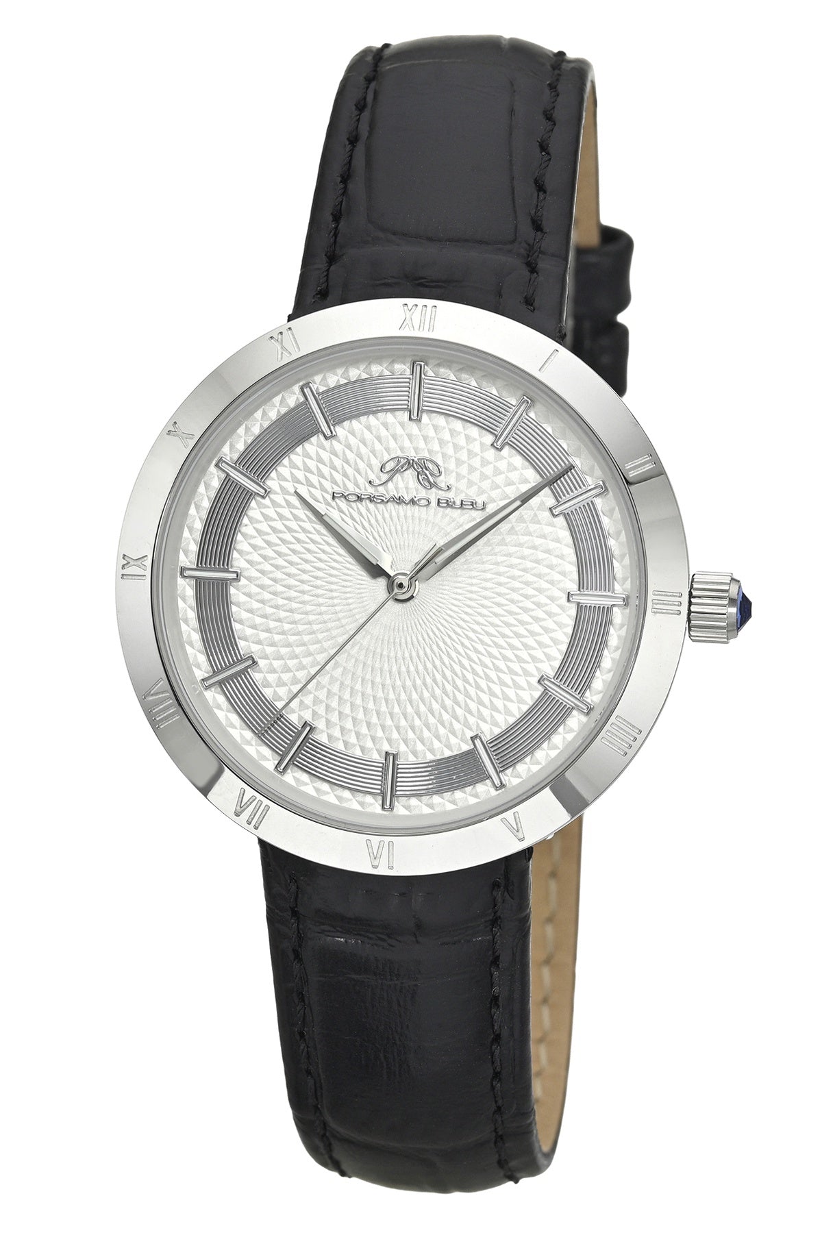Porsamo Bleu Monroe Luxury Womens' Genuine Leather Watch With White Guilloché Dial, Black, Silver, 1491AMOL